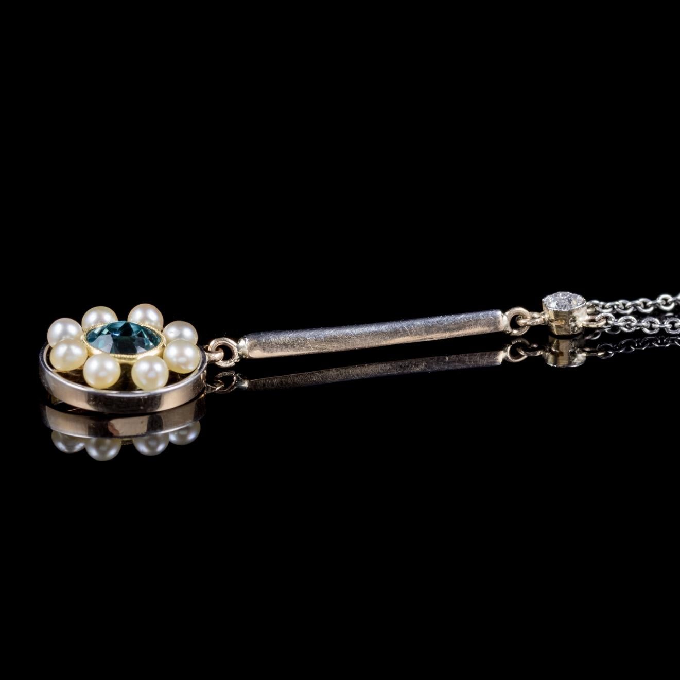 Antique Belle Époque Blue Zircon Pearl Pendant Necklace 15 Carat Gold circa 1910 1