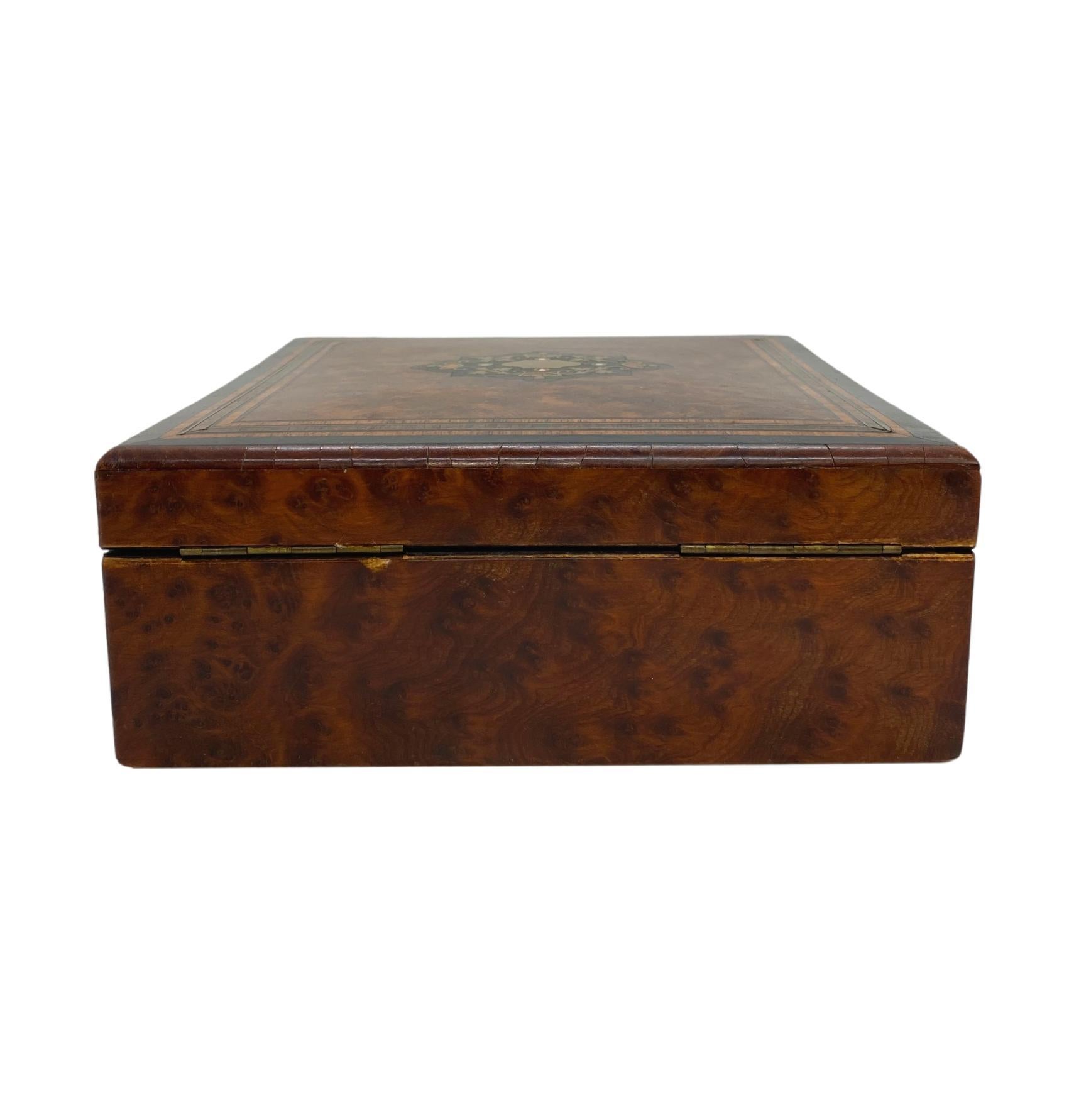 19th Century Antique Belle Époque Burl Walnut Box with Brass, Ebony Inlay, French, circa 1880 For Sale