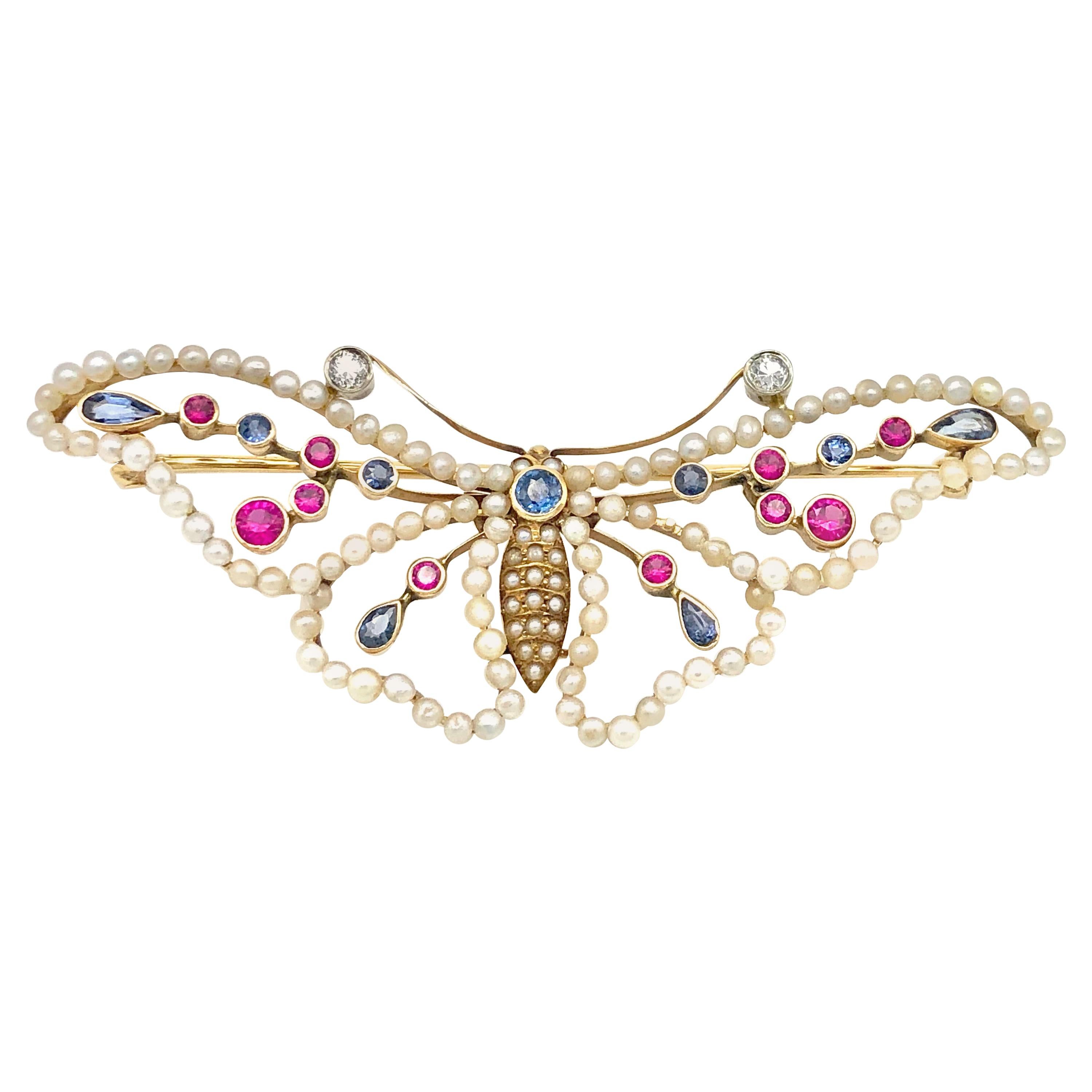 Antique Belle Époque Butterfly Psyche Soul Pearls Sapphires Rubies Gold Brooch