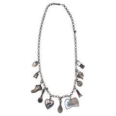 Antique Belle Époque Charm Necklace Heart Enamelled Swallow + 10 other Charms  