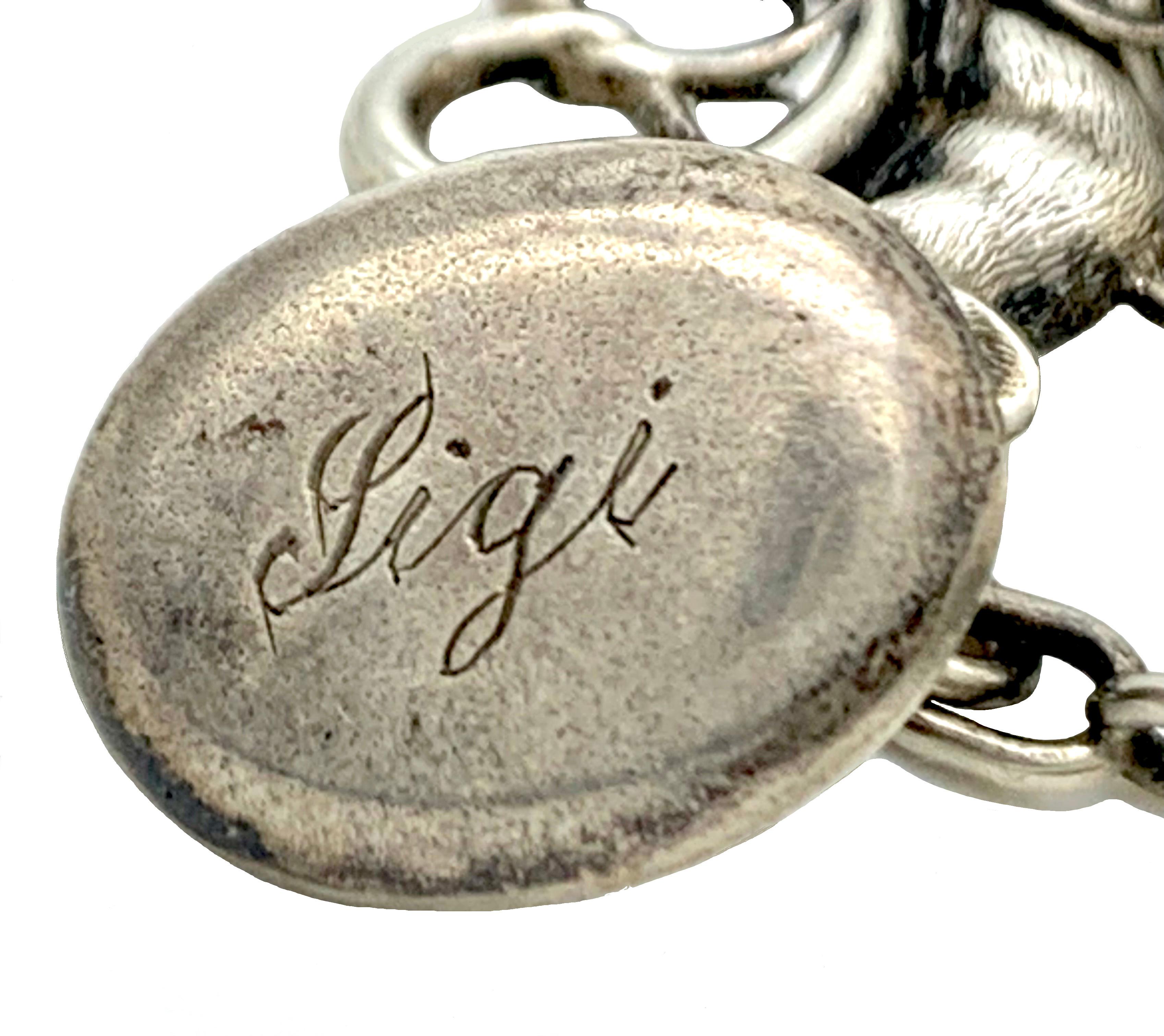 Women's or Men's Antique Belle Époque Charms Brooch Silver Cat Mouse on a Pretzel Heart Coin