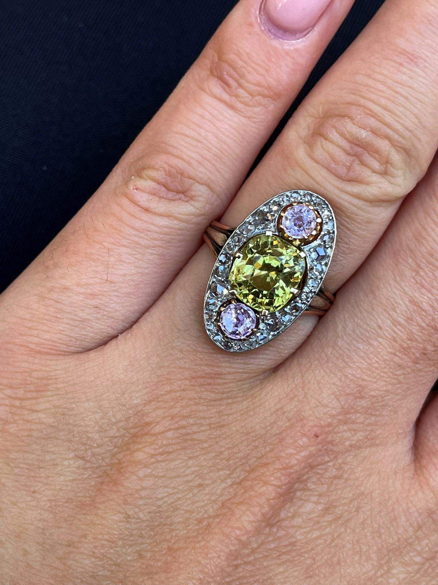 Antique Belle Époque Chrysoberyl, Pink Topaz Diamond Cluster Cocktail Ring 5