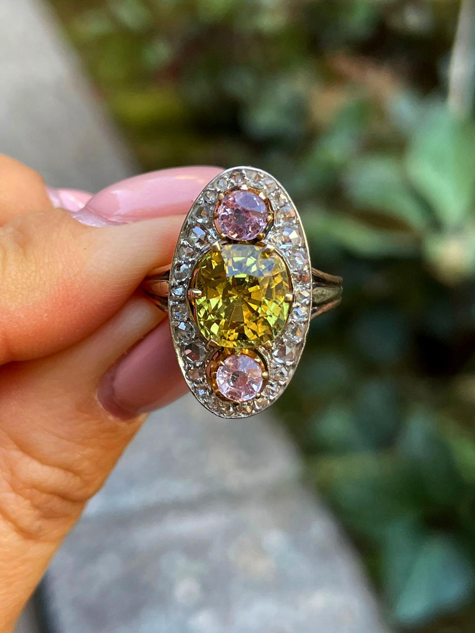 Antique Belle Époque Chrysoberyl, Pink Topaz Diamond Cluster Cocktail Ring 6