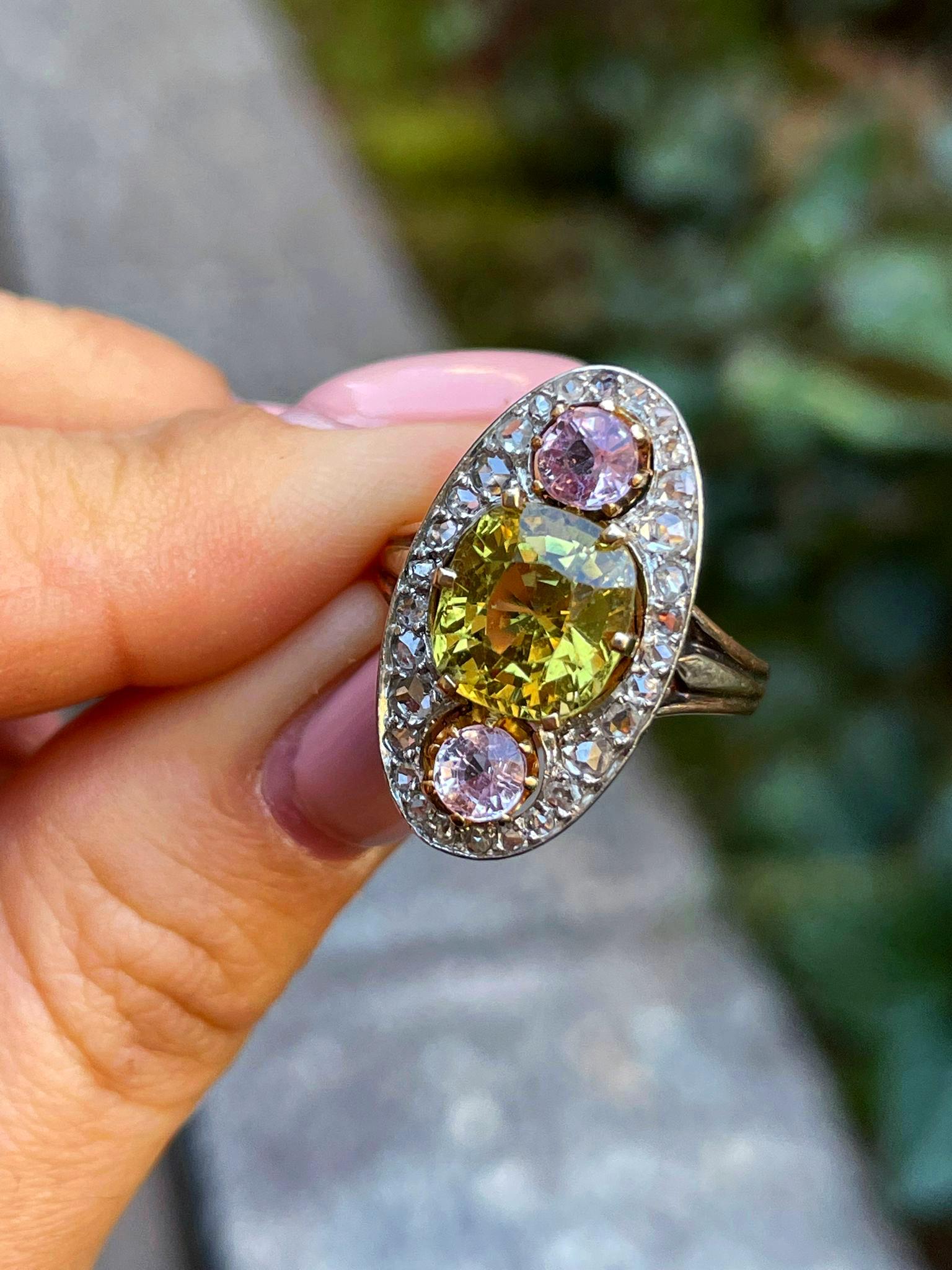 Antique Belle Époque Chrysoberyl, Pink Topaz Diamond Cluster Cocktail Ring 7