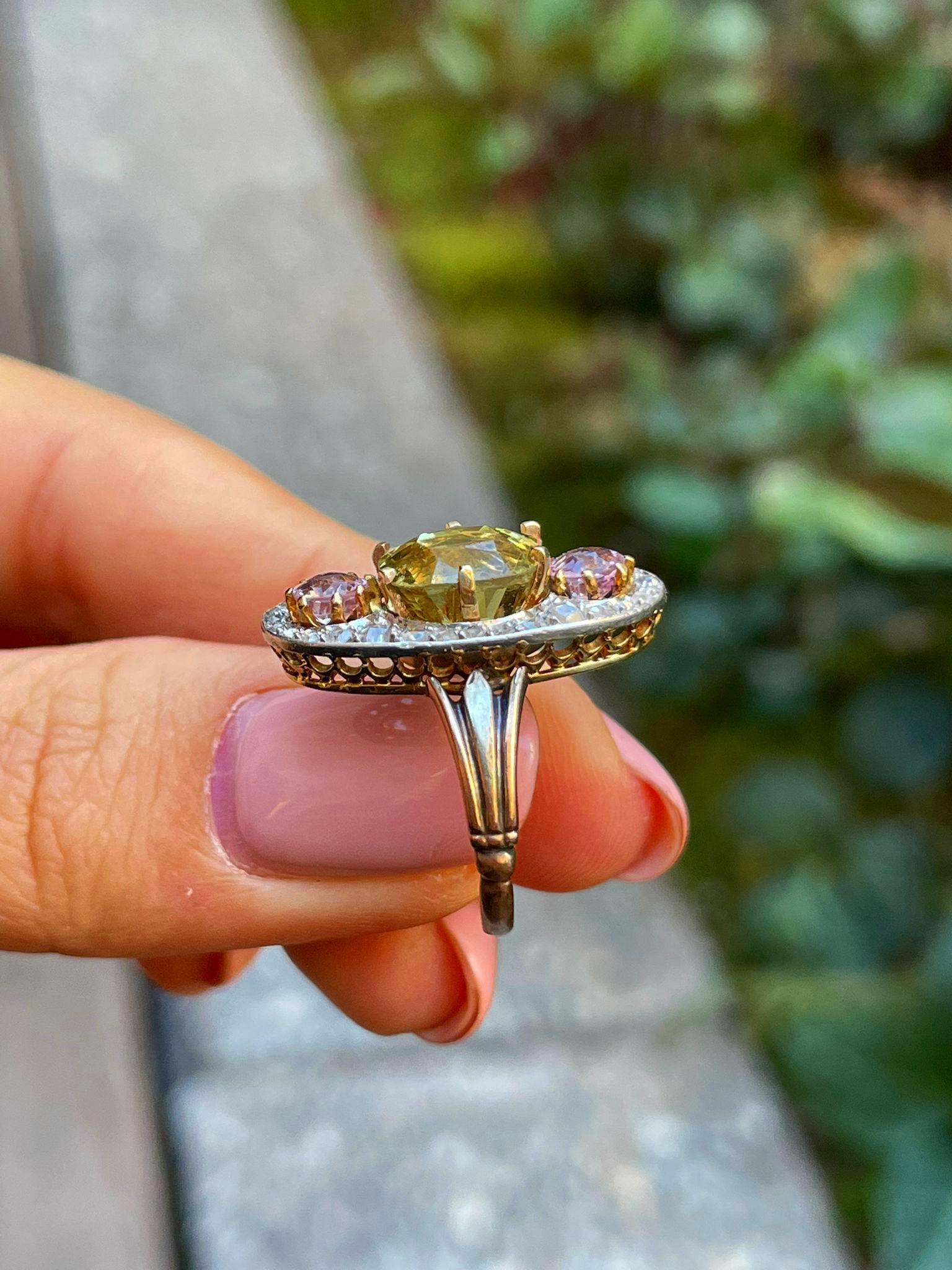 Antique Belle Époque Chrysoberyl, Pink Topaz Diamond Cluster Cocktail Ring 8