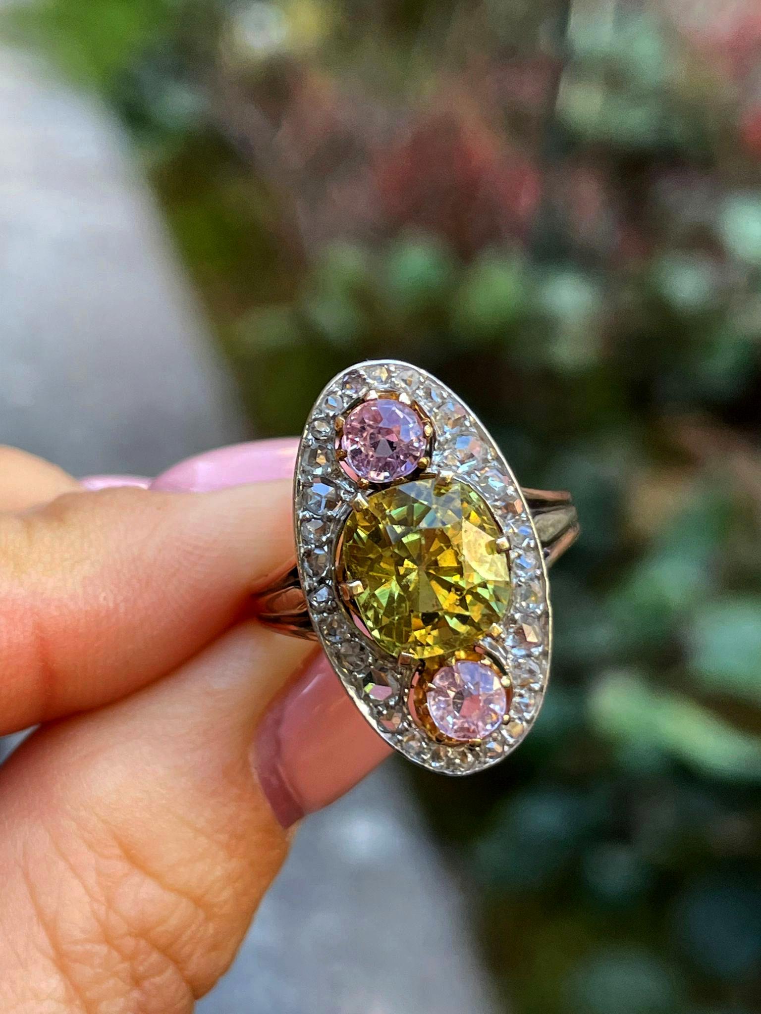Antique Belle Époque Chrysoberyl, Pink Topaz Diamond Cluster Cocktail Ring 9
