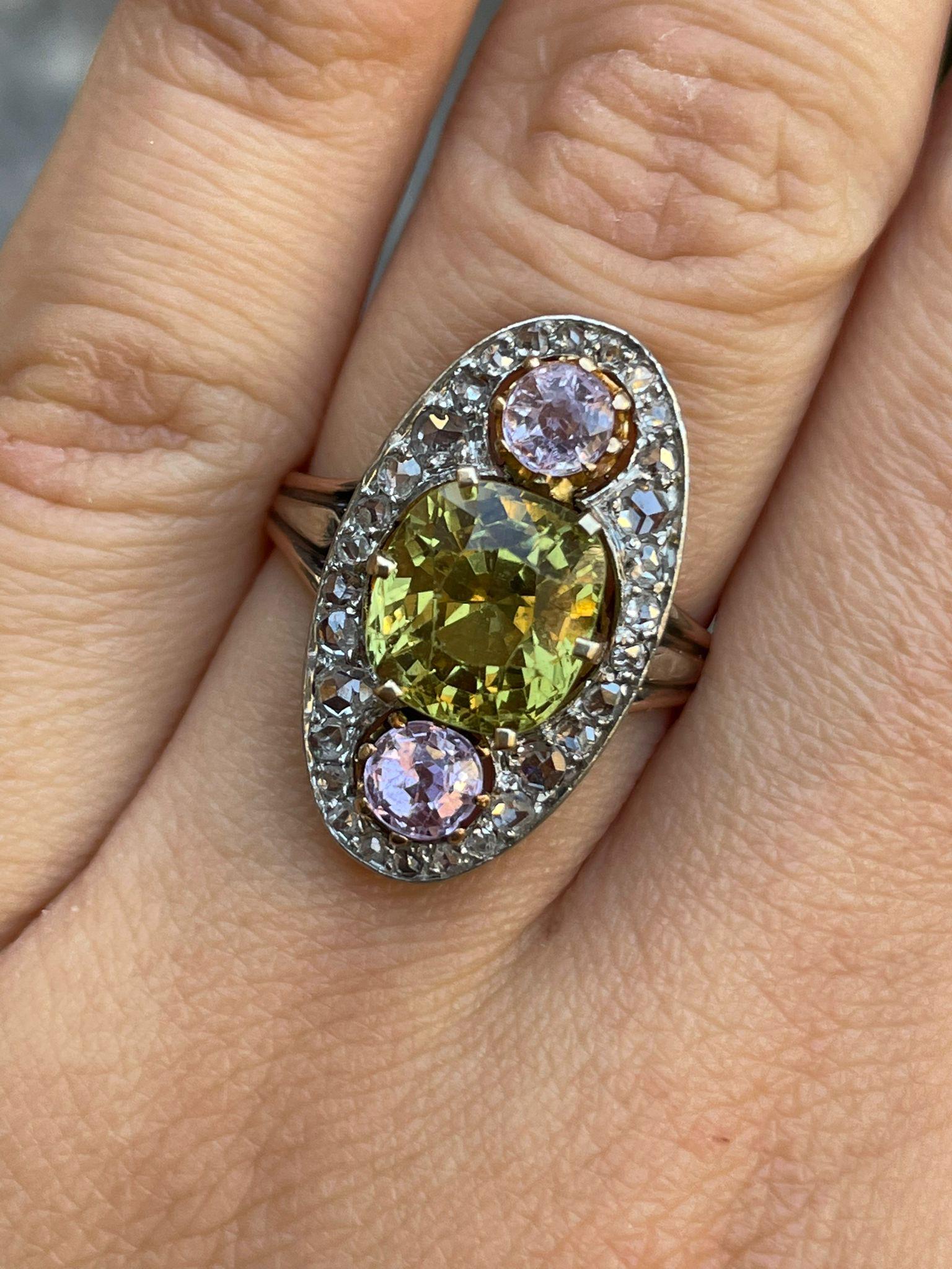 Antique Belle Époque Chrysoberyl, Pink Topaz Diamond Cluster Cocktail Ring 10