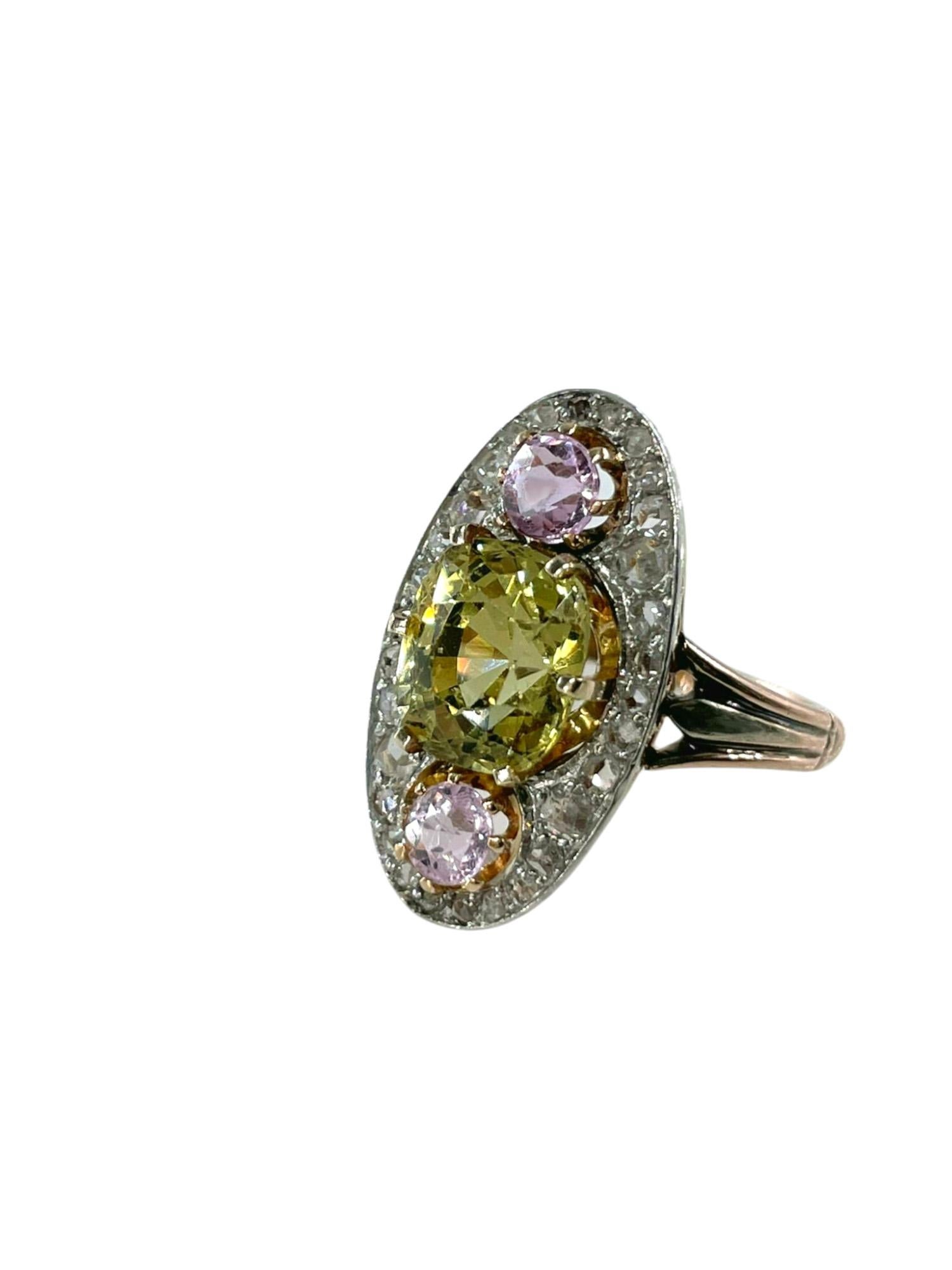Antique Belle Époque Chrysoberyl, Pink Topaz Diamond Cluster Cocktail Ring In Good Condition In New York, NY