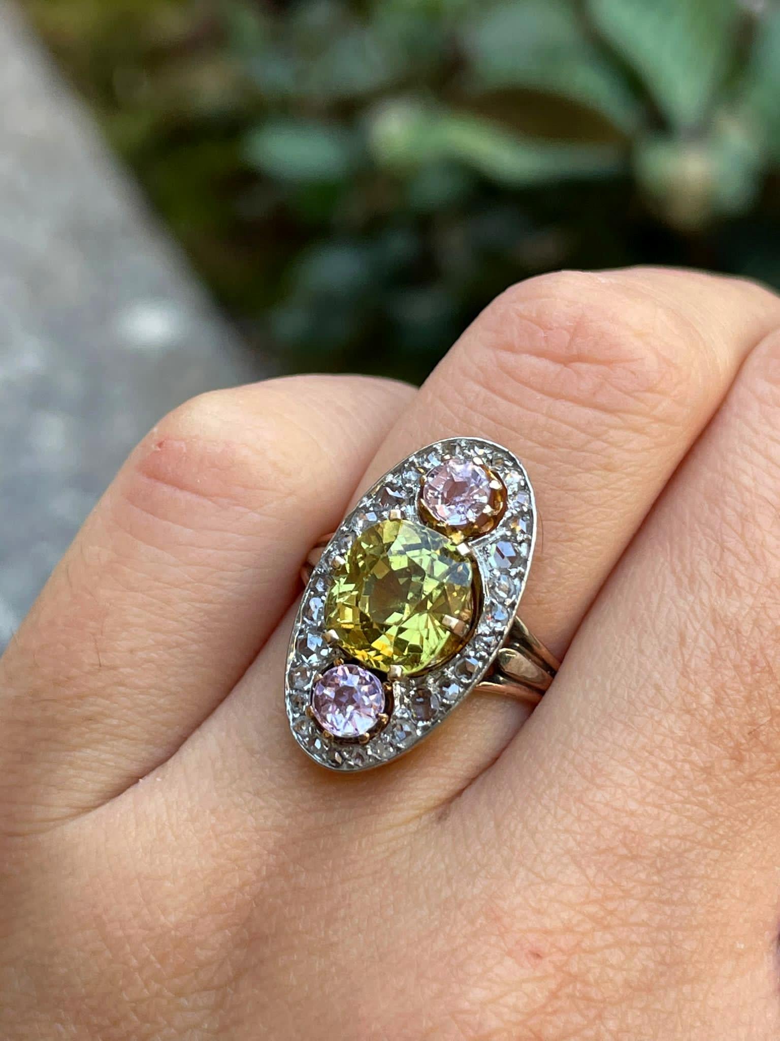 Antique Belle Époque Chrysoberyl, Pink Topaz Diamond Cluster Cocktail Ring 1