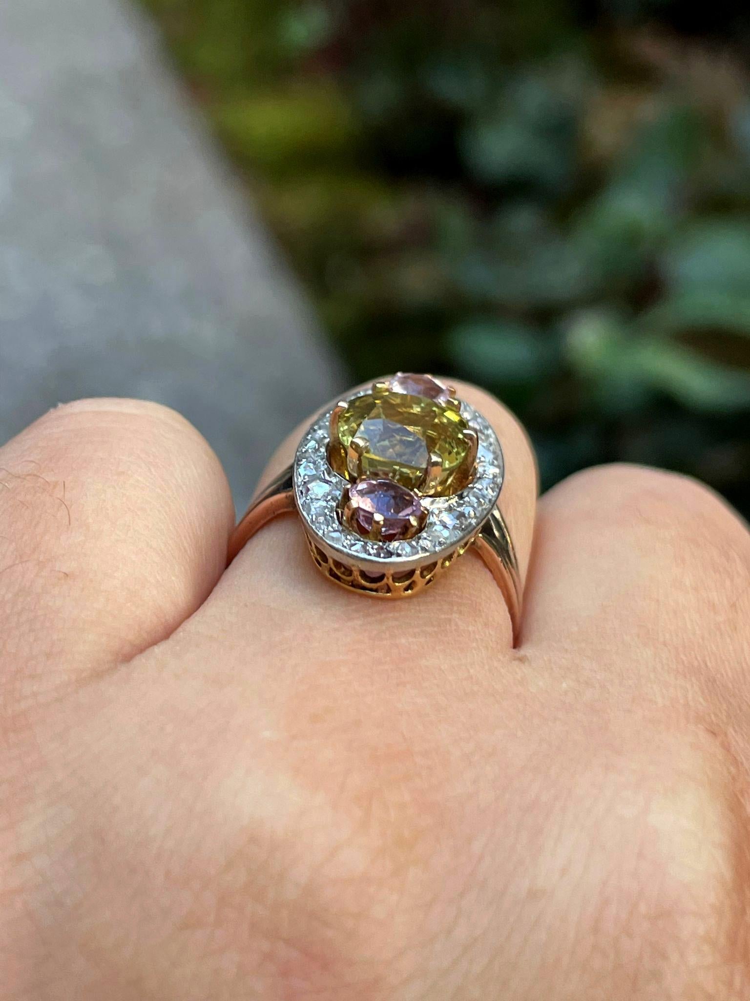 Antique Belle Époque Chrysoberyl, Pink Topaz Diamond Cluster Cocktail Ring 2