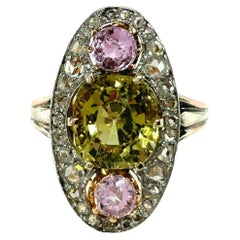 Anello da cocktail antico Belle Époque con crisoberillo, topazio rosa e diamanti a grappolo