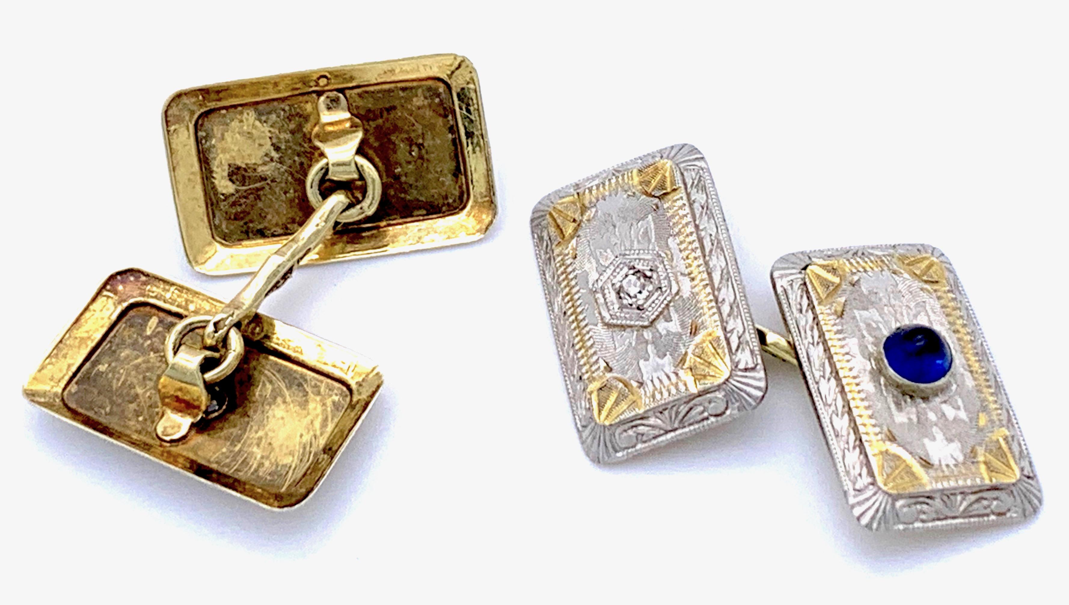 Boutons de manchette anciens Belle Époque Cabochon Saphir Diamant Or jaune Platine Unisexe en vente