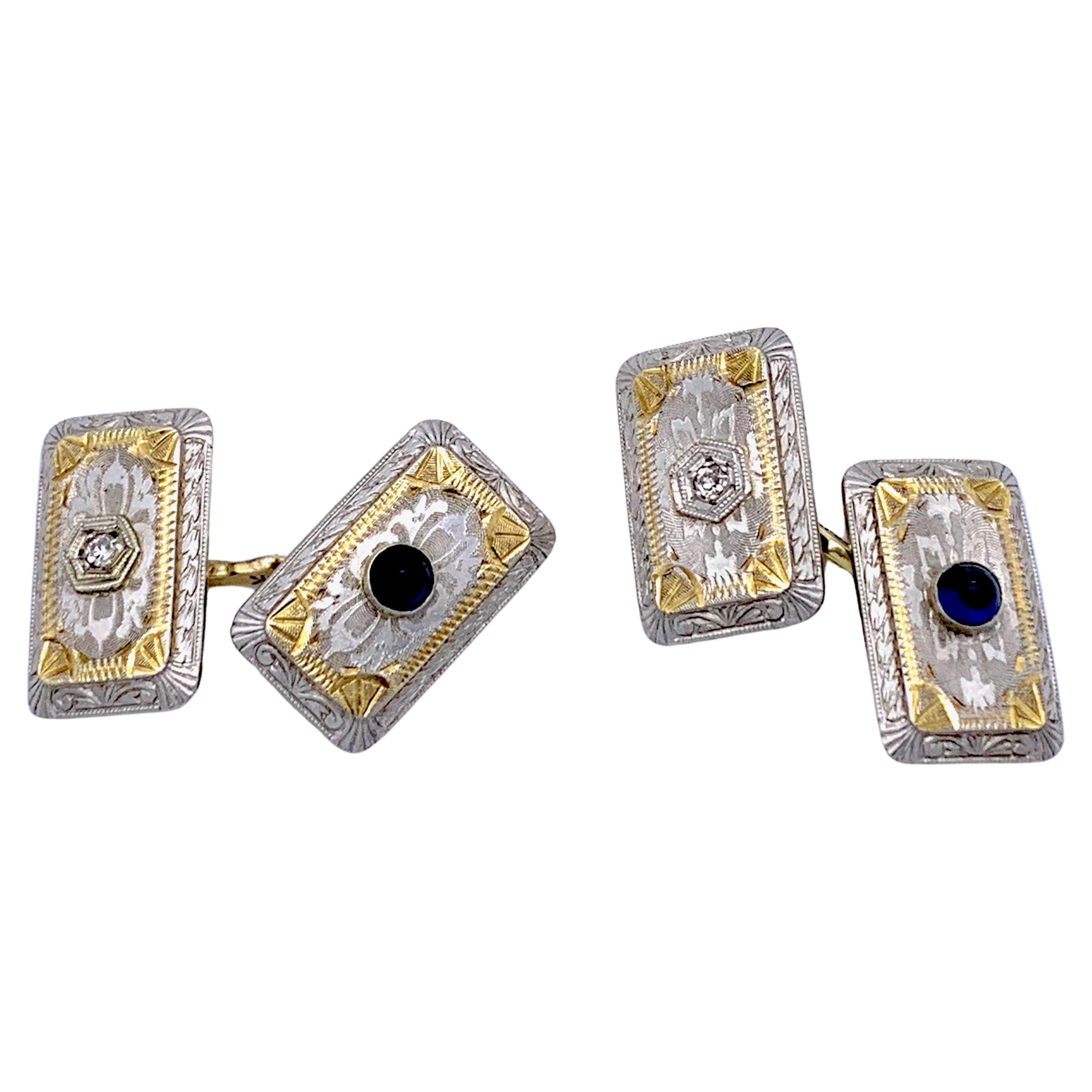 Boutons de manchette anciens Belle Époque Cabochon Saphir Diamant Or jaune Platine en vente