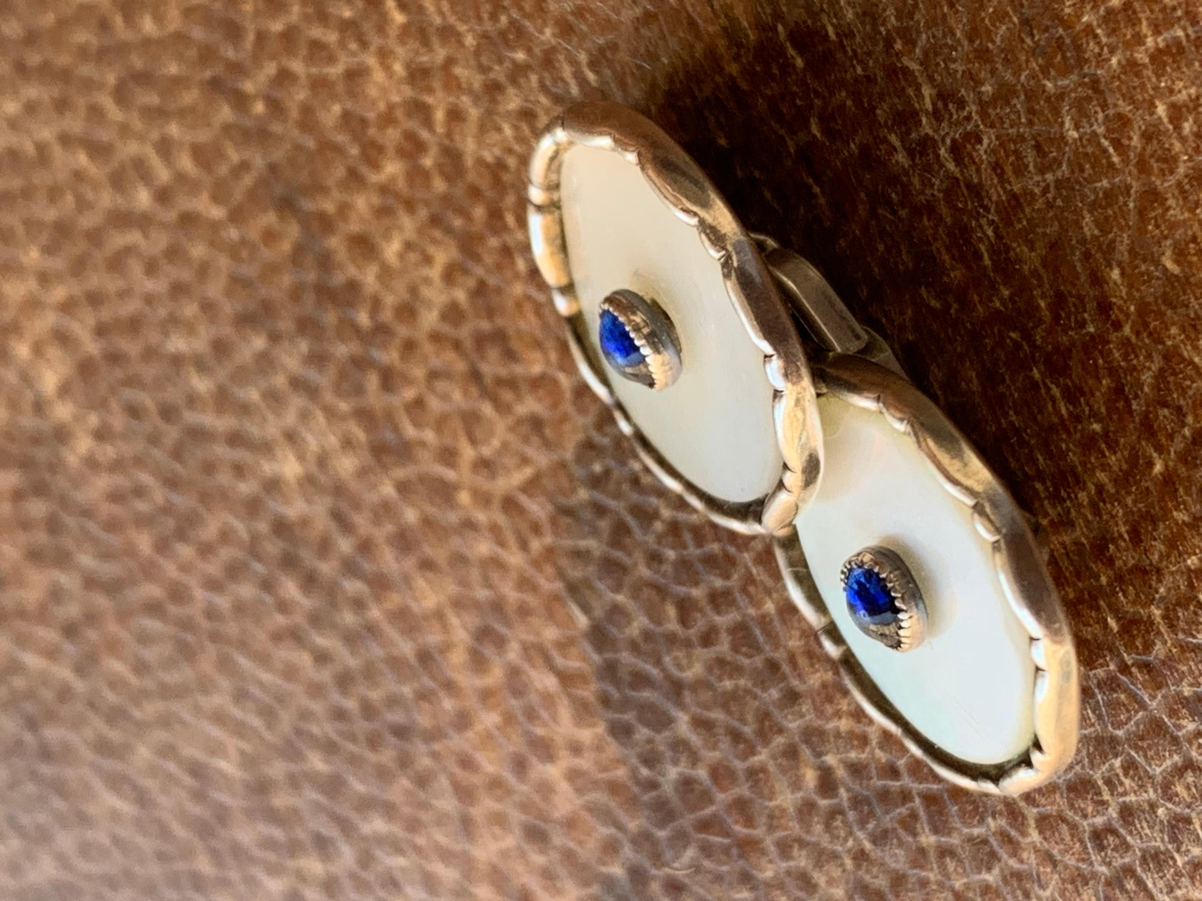 Gemelli antichi Belle Époque Madreperla Blu Cabochon Argento In condizioni buone in vendita a Munich, Bavaria