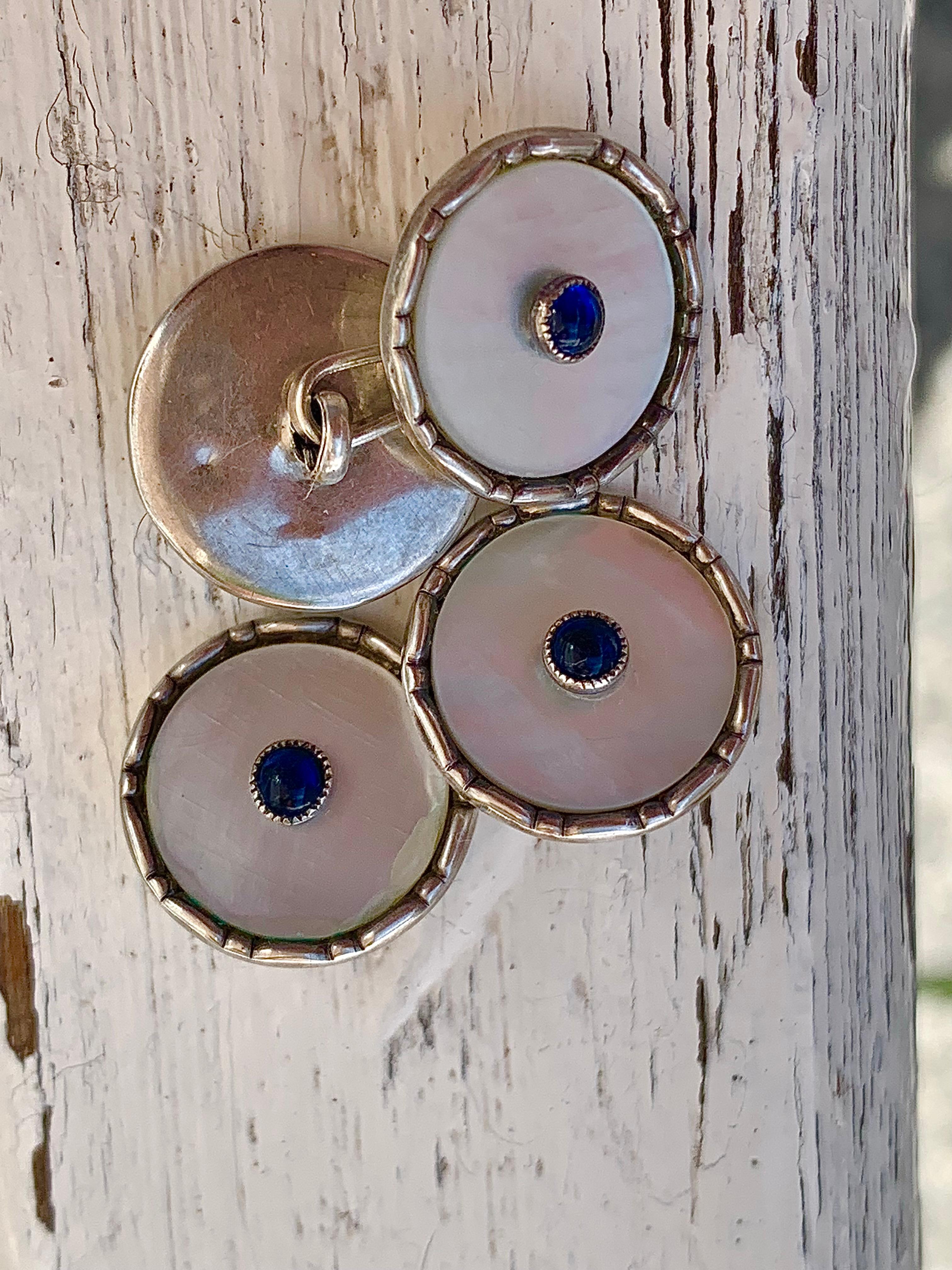Gemelli antichi Belle Époque Madreperla Blu Cabochon Argento in vendita 1