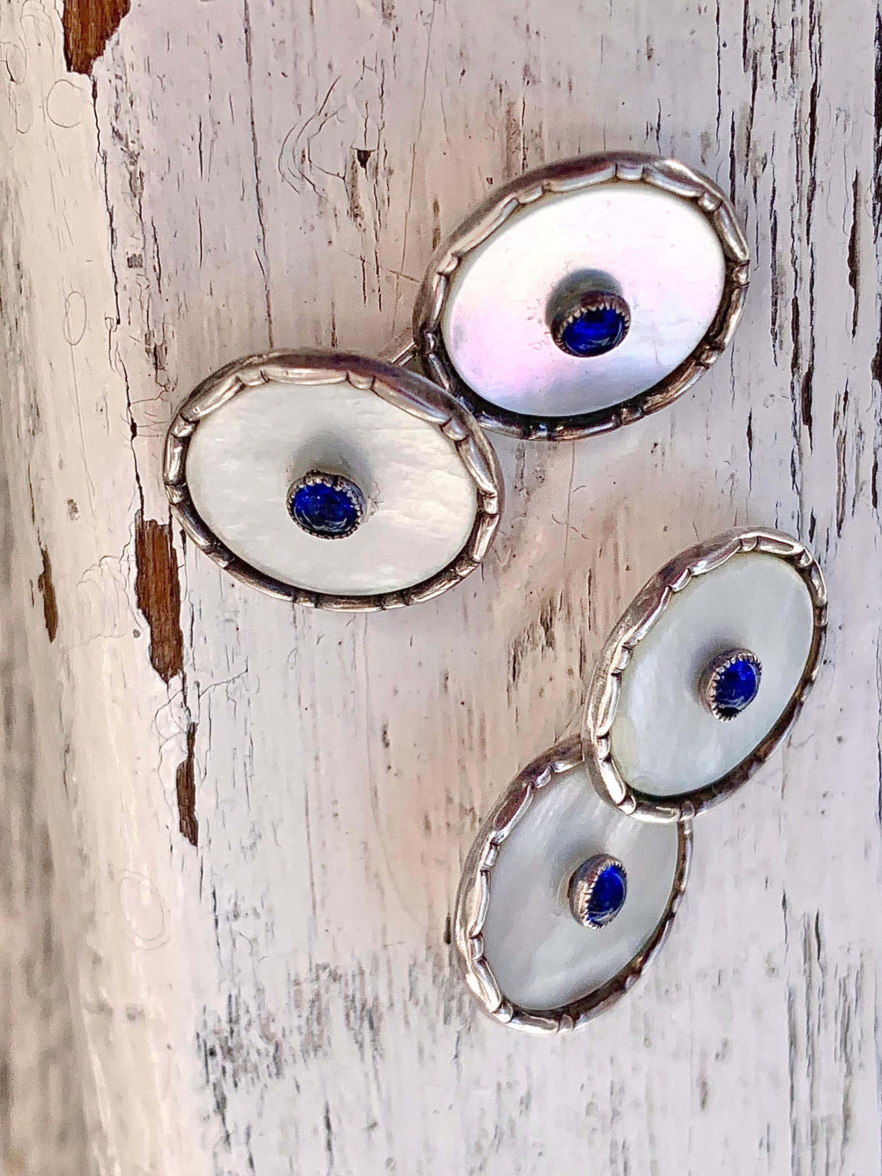 Gemelli antichi Belle Époque Madreperla Blu Cabochon Argento in vendita 2