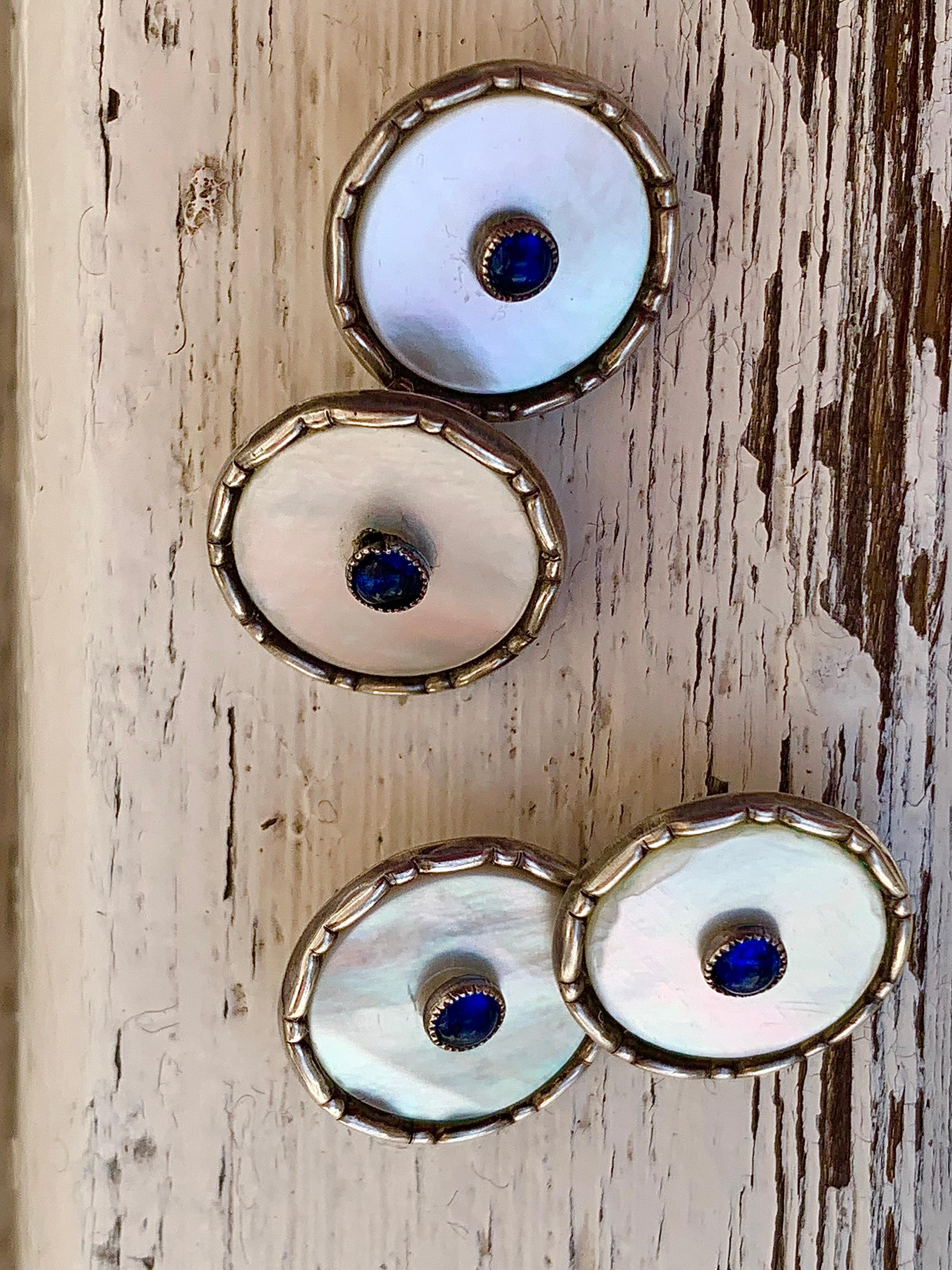 Gemelli antichi Belle Époque Madreperla Blu Cabochon Argento in vendita 3