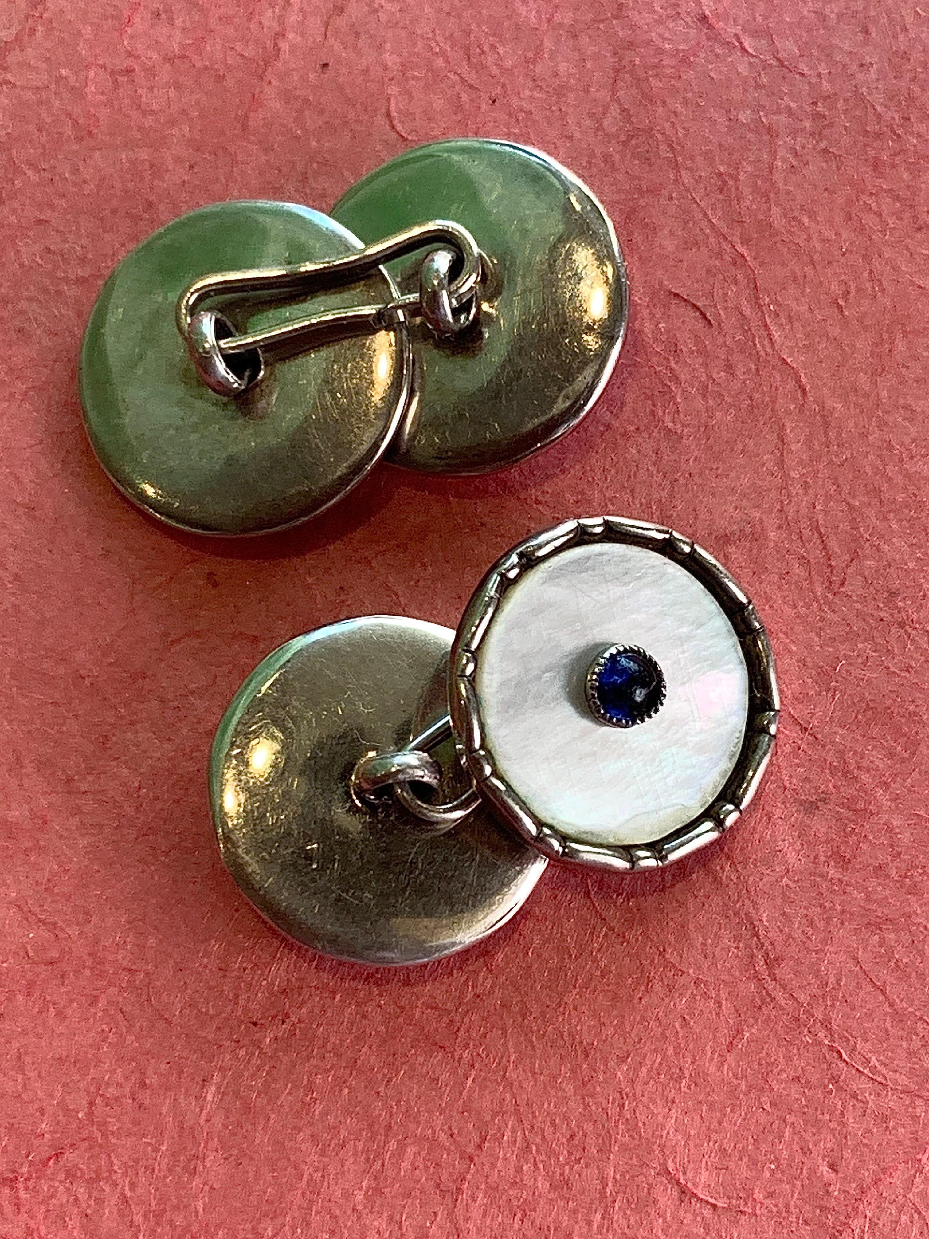 Gemelli antichi Belle Époque Madreperla Blu Cabochon Argento in vendita 4