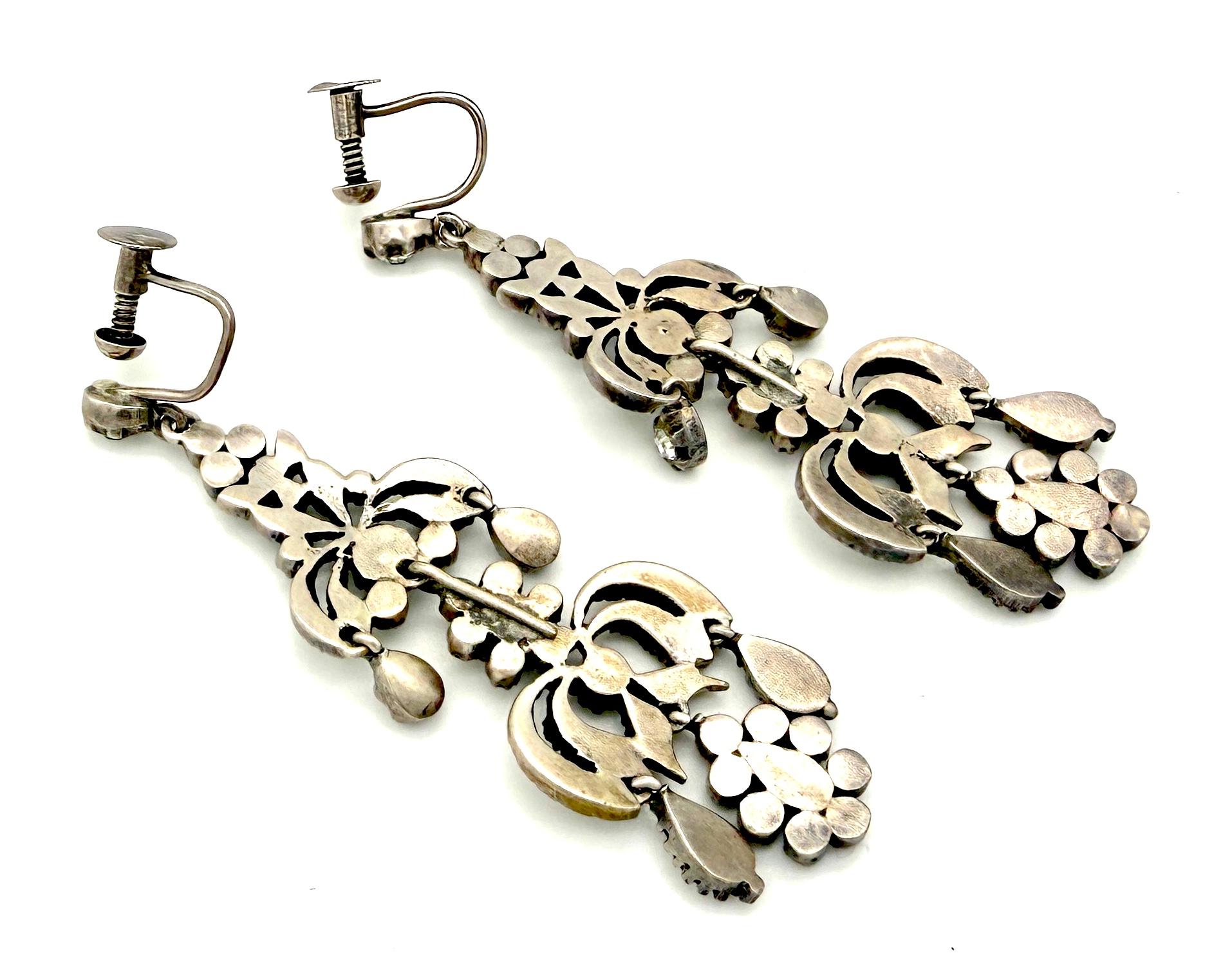 Baroque Revival Antique Belle Époque Dangle Chandelier Earrings Silver Paste Screw Fittings