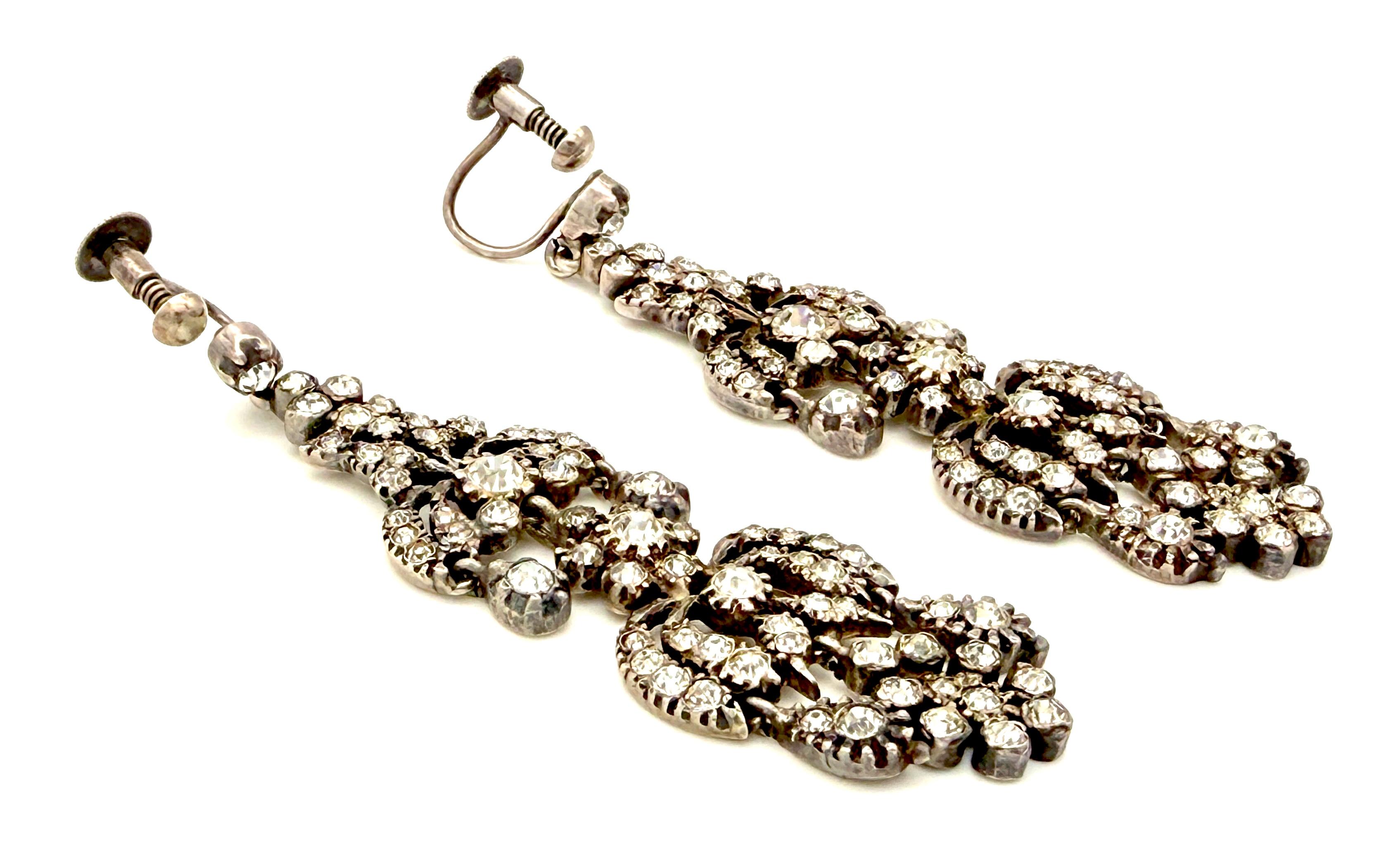 Antique Belle Époque Dangle Chandelier Earrings Silver Paste Screw Fittings In Good Condition In Munich, Bavaria
