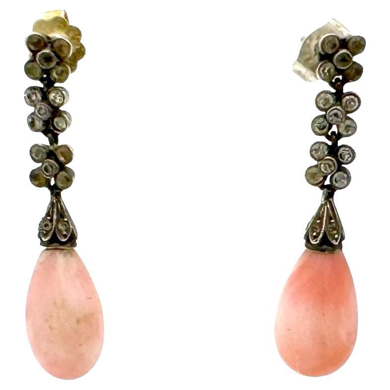 Antique Belle Époque Dangle Earrings Paste Flower Pink Shell Drop