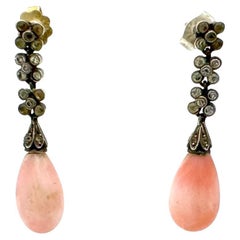 Antique Belle Époque Dangle Earrings Paste Flower Pink Shell Drop