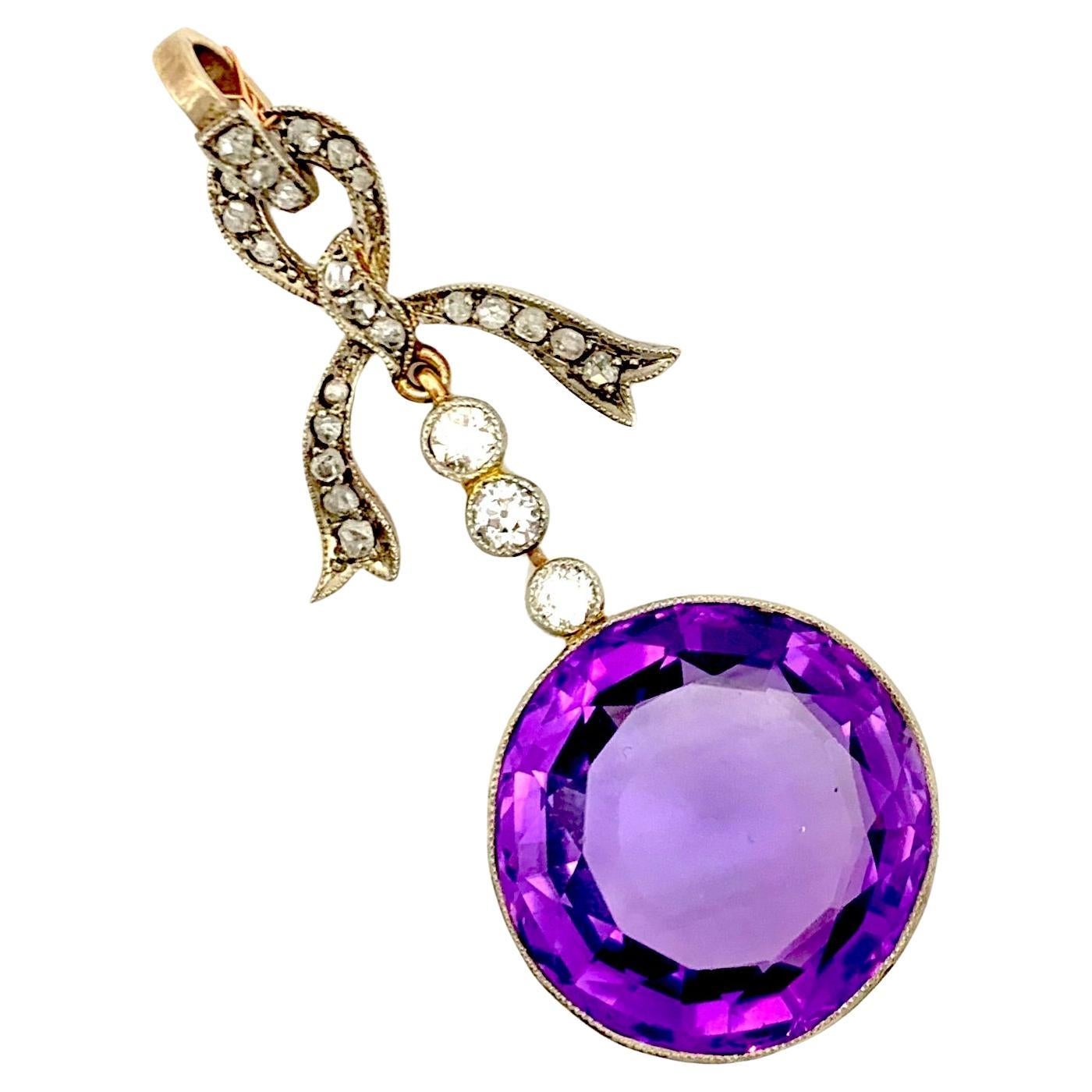  Antique Belle Époque Diamond Amethyst Pendant Platinum 14 karat Yellow Gold For Sale