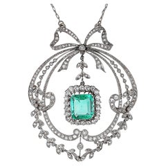 Antike Belle Époque Diamant- und Smaragd-Anhänger-Halskette.