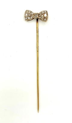 Antique Belle Époque Diamond Bow Tie Pin Stick Pin Platinum 14 Karat Gold