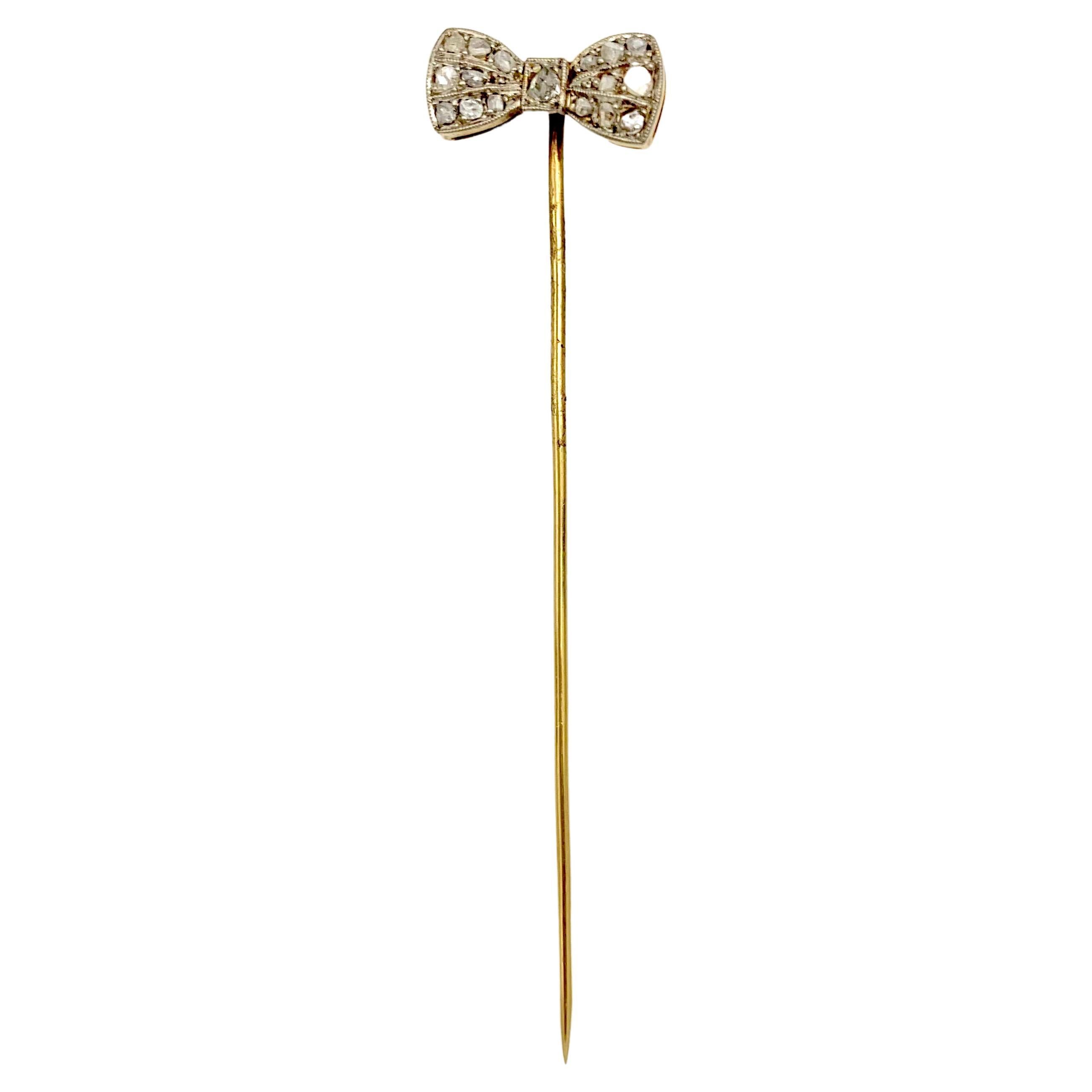 Antique Belle Époque Diamond Bow Tie Pin Stick Pin Platinum 14 Karat Gold For Sale