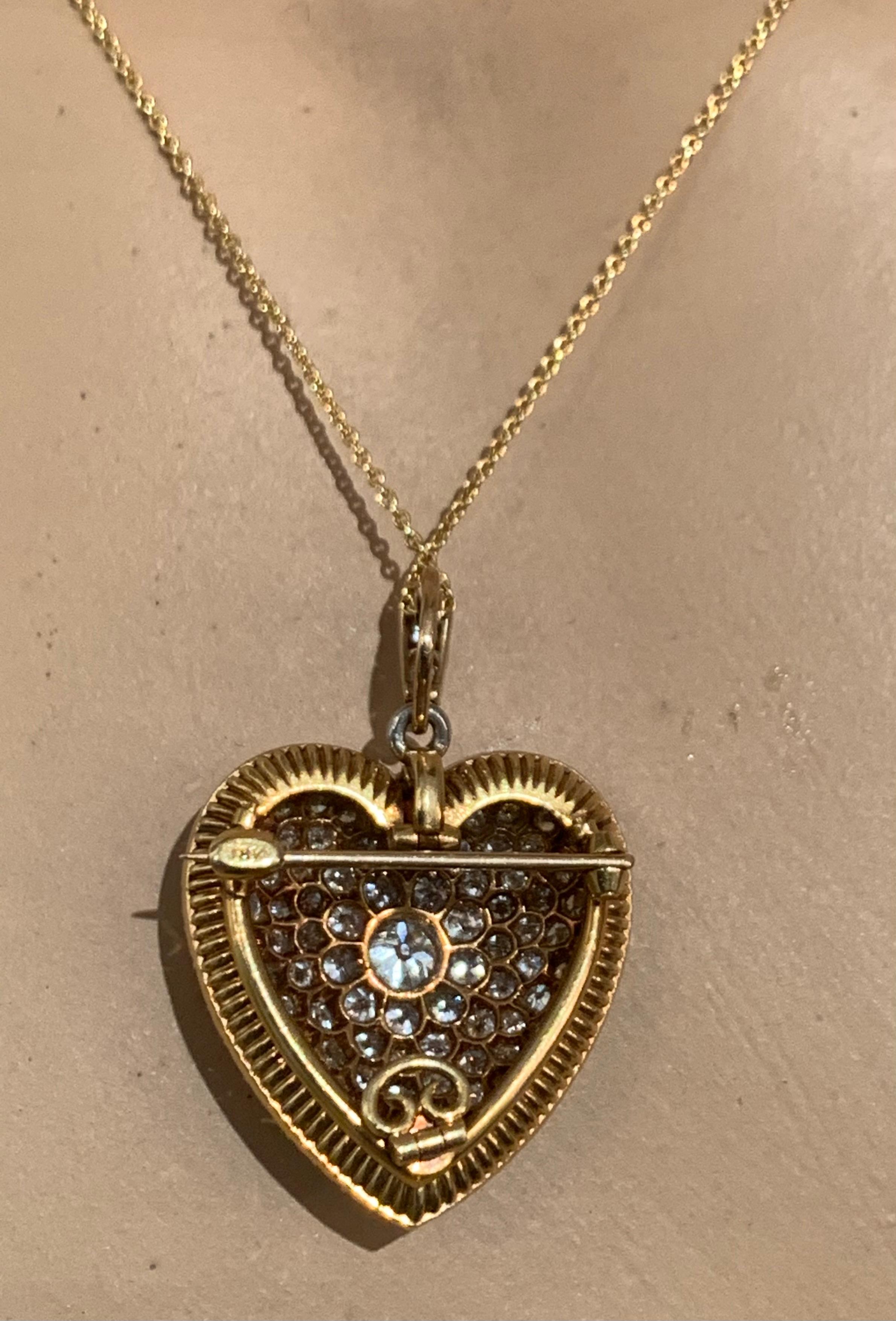 Old European Cut Antique Belle Époque Diamond Heart Pendant Brooch Platinum 18 Karat Yellow Gold