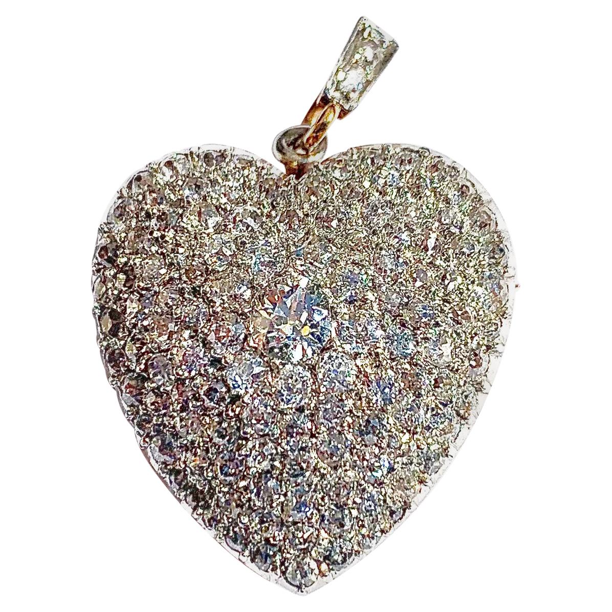 Antique Belle Époque Diamond Heart Pendant Brooch Platinum 18 Karat Yellow Gold
