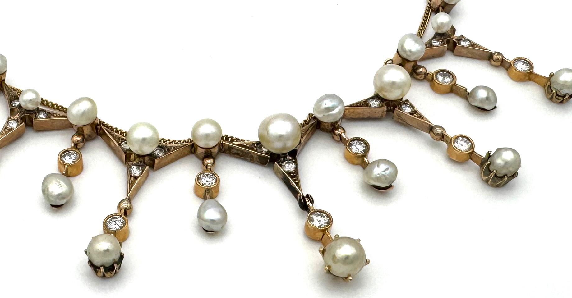 Antique Belle Époque Diamond Pearl Gold Necklace en Bueno estado para la venta en Munich, Bavaria