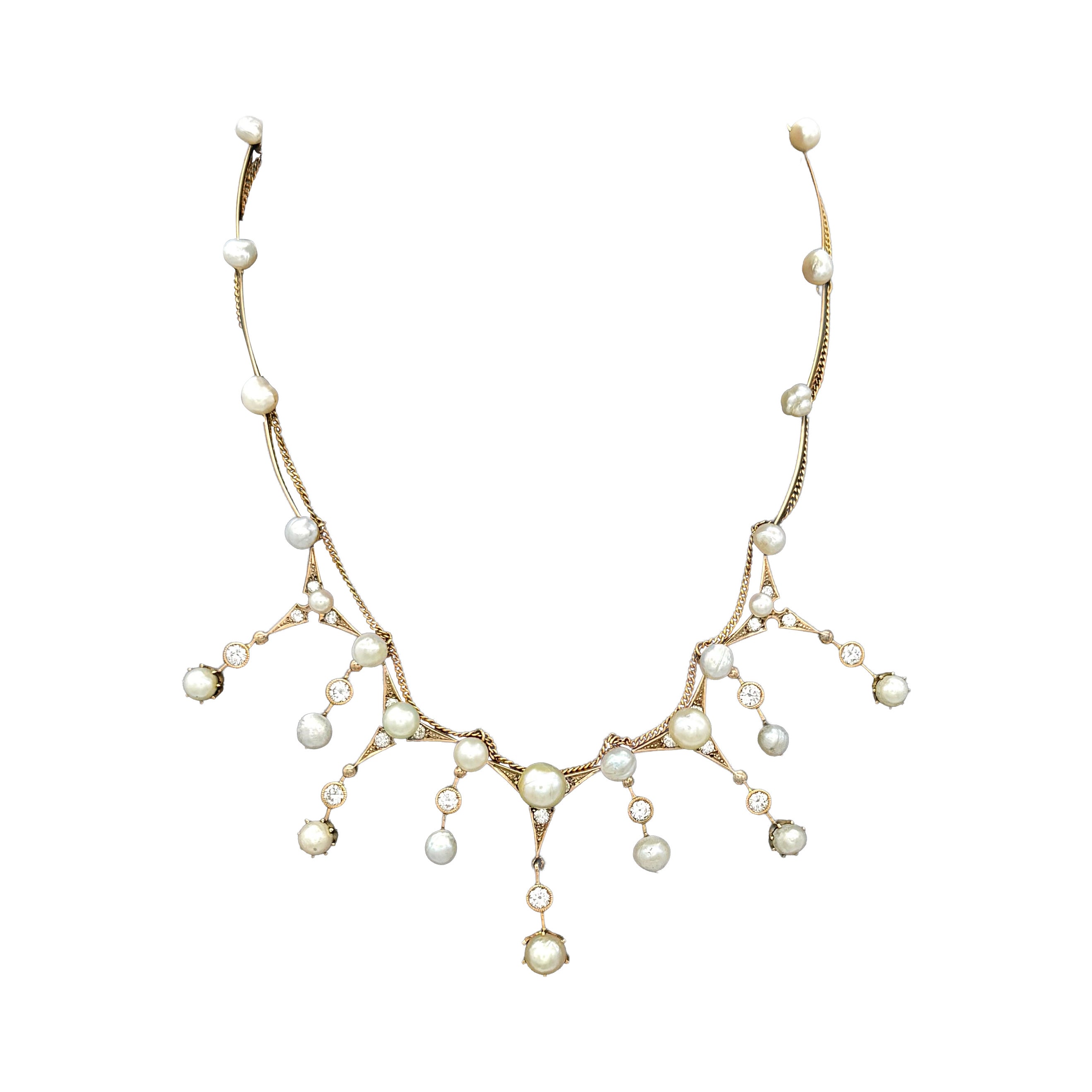 Antique Belle Époque Diamond Pearl Gold Necklace
