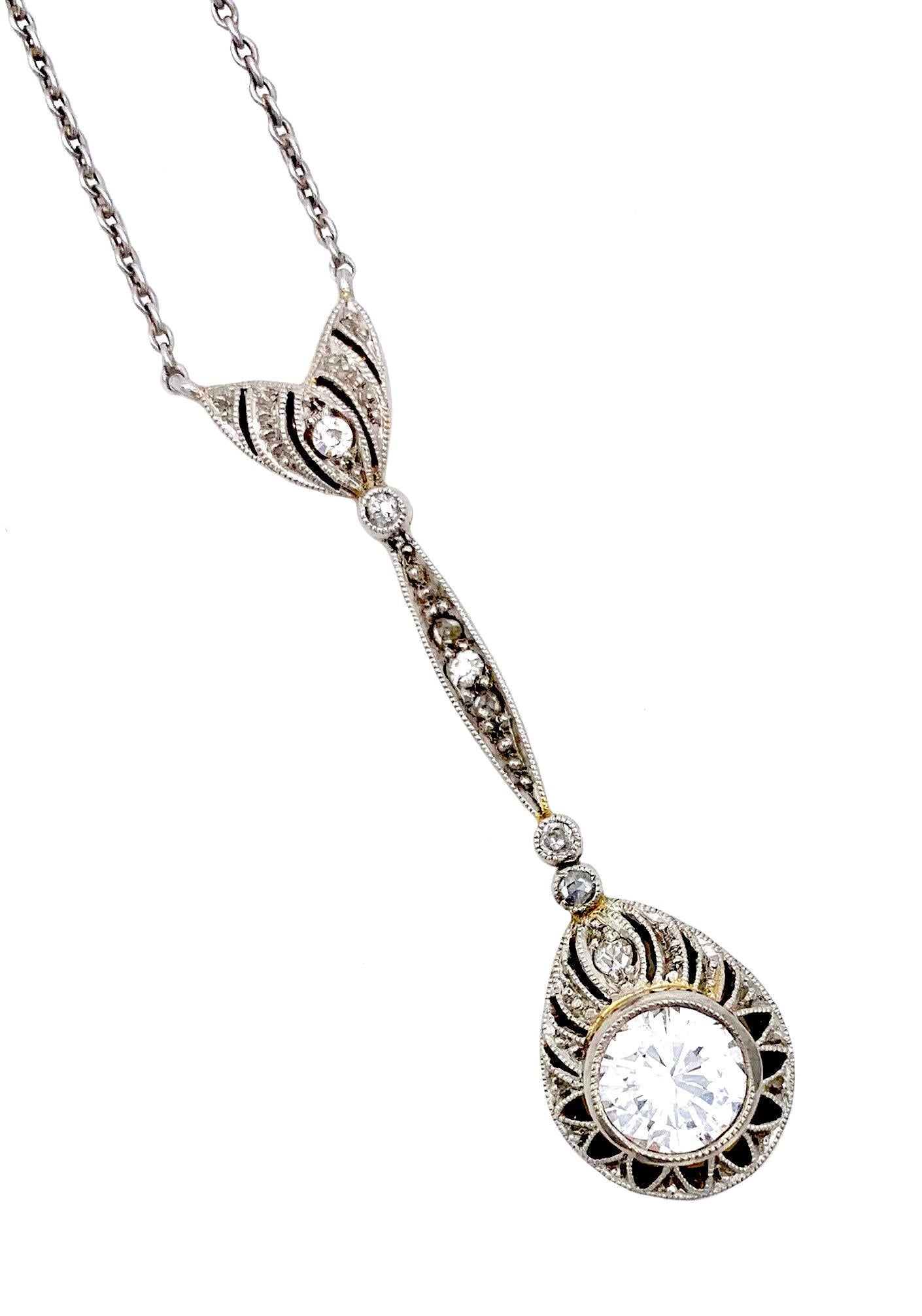 Antike Belle Époque Diamant-Anhänger-Halskette !4 Karat Weißgold Gelbgold (Brillantschliff) im Angebot