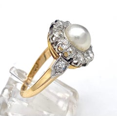 Bague de mariage antique Belle Époque Diamant Platine 18 K Perle Orientale Naturelle