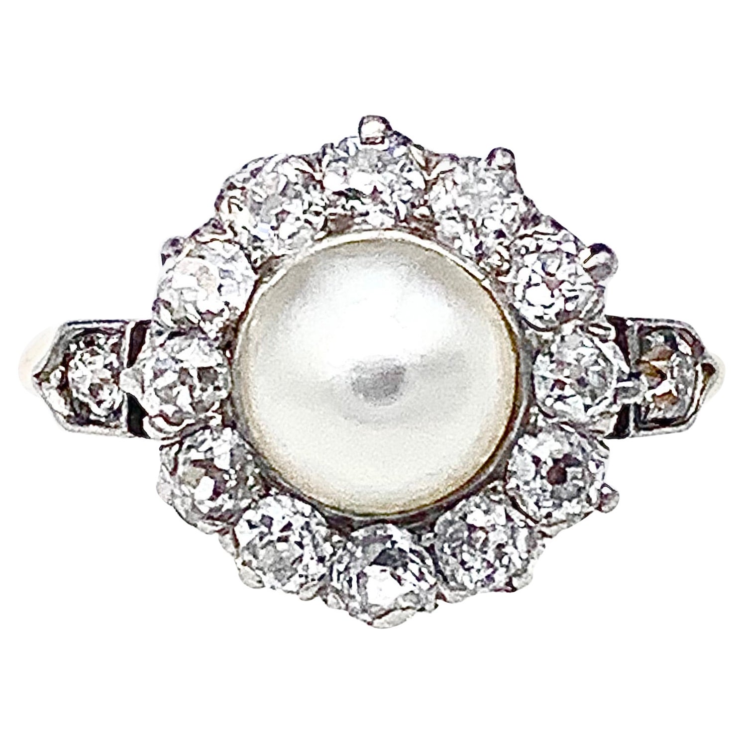 Anillo de Novia Antiguo Belle Époque Diamante Platino 18 K Perla Oriental Natural