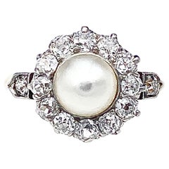 Antique Belle Époque Diamond Platinum 18 K Natural Oriental Pearl Bridal Ring