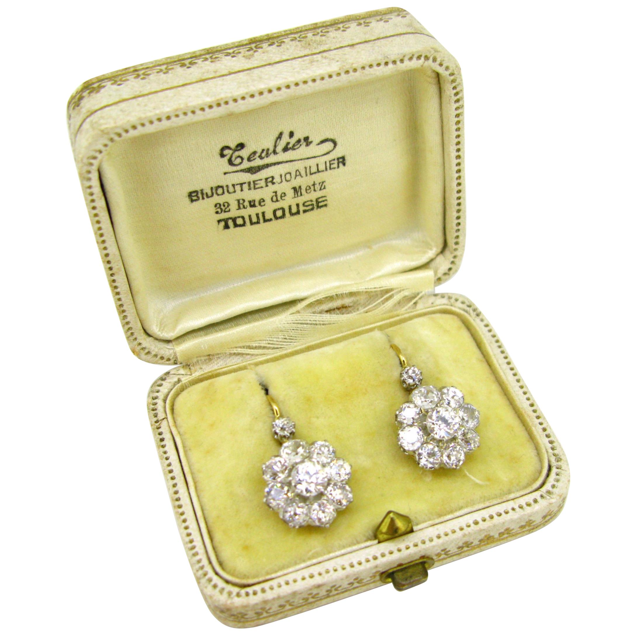 Antique Belle Époque Diamonds Dormeuses Earrings in Box, 18kt Gold and Platinum