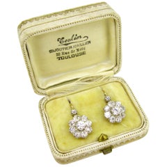 Antique Belle Époque Diamonds Dormeuses Earrings in Box, 18kt Gold and Platinum