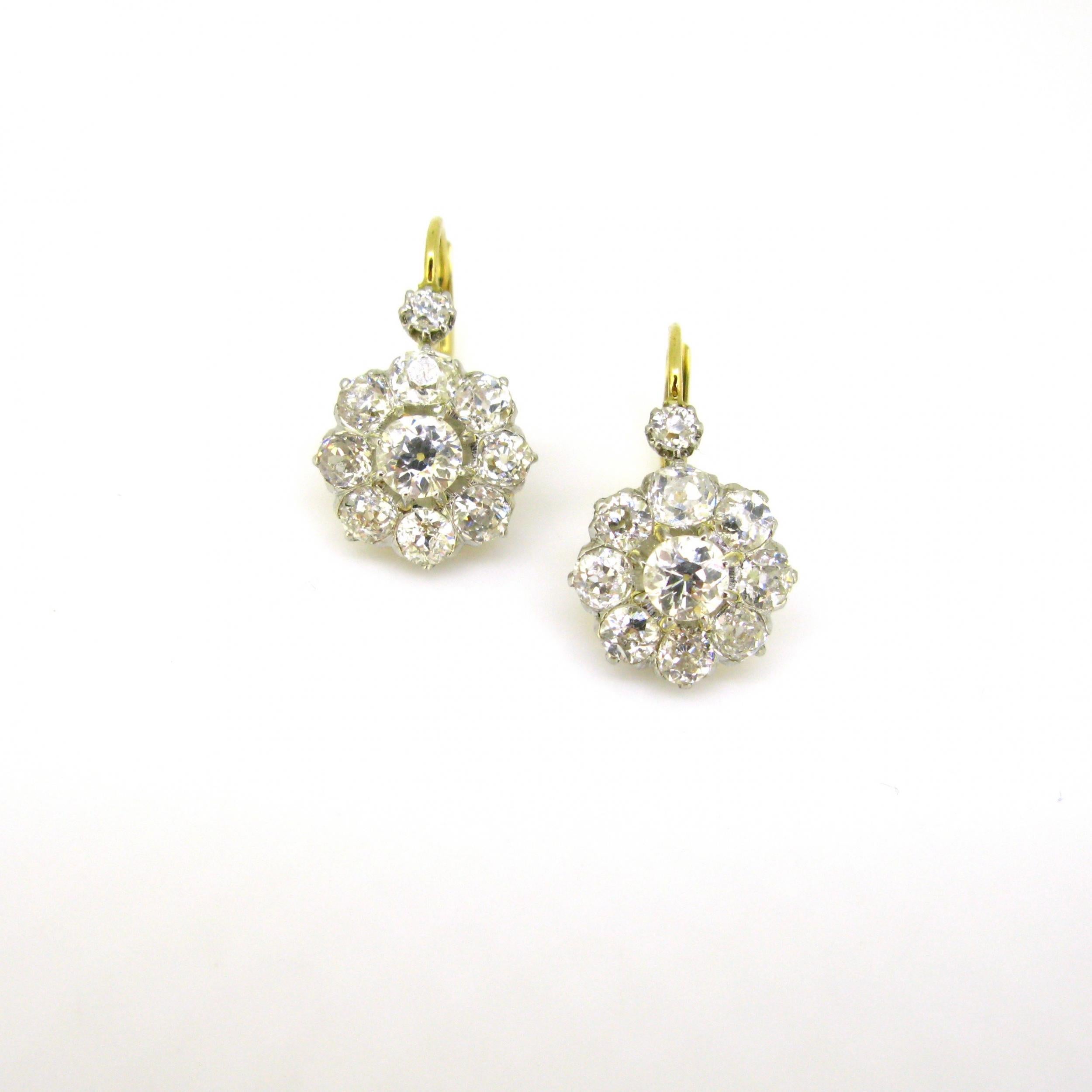 Antique Belle Époque Diamonds Dormeuses Earrings in Box, 18kt Gold and Platinum In Good Condition In London, GB