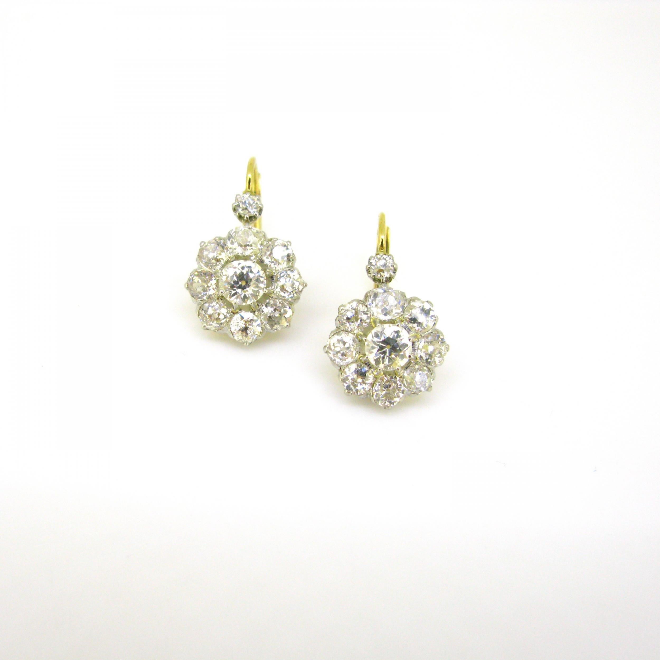 Women's or Men's Antique Belle Époque Diamonds Dormeuses Earrings in Box, 18kt Gold and Platinum