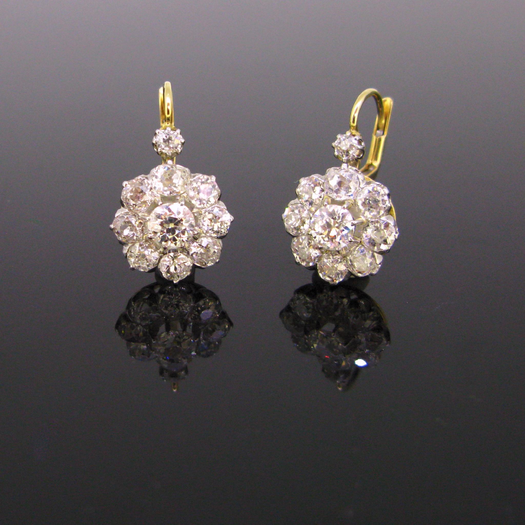 Antique Belle Époque Diamonds Dormeuses Earrings in Box, 18kt Gold and Platinum 1