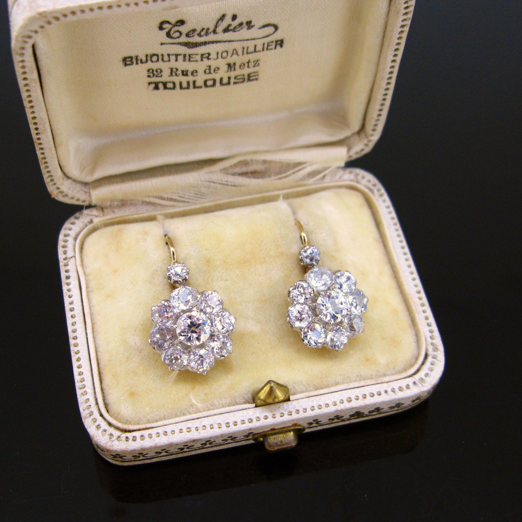 Antique Belle Époque Diamonds Dormeuses Earrings in Box, 18kt Gold and Platinum 2