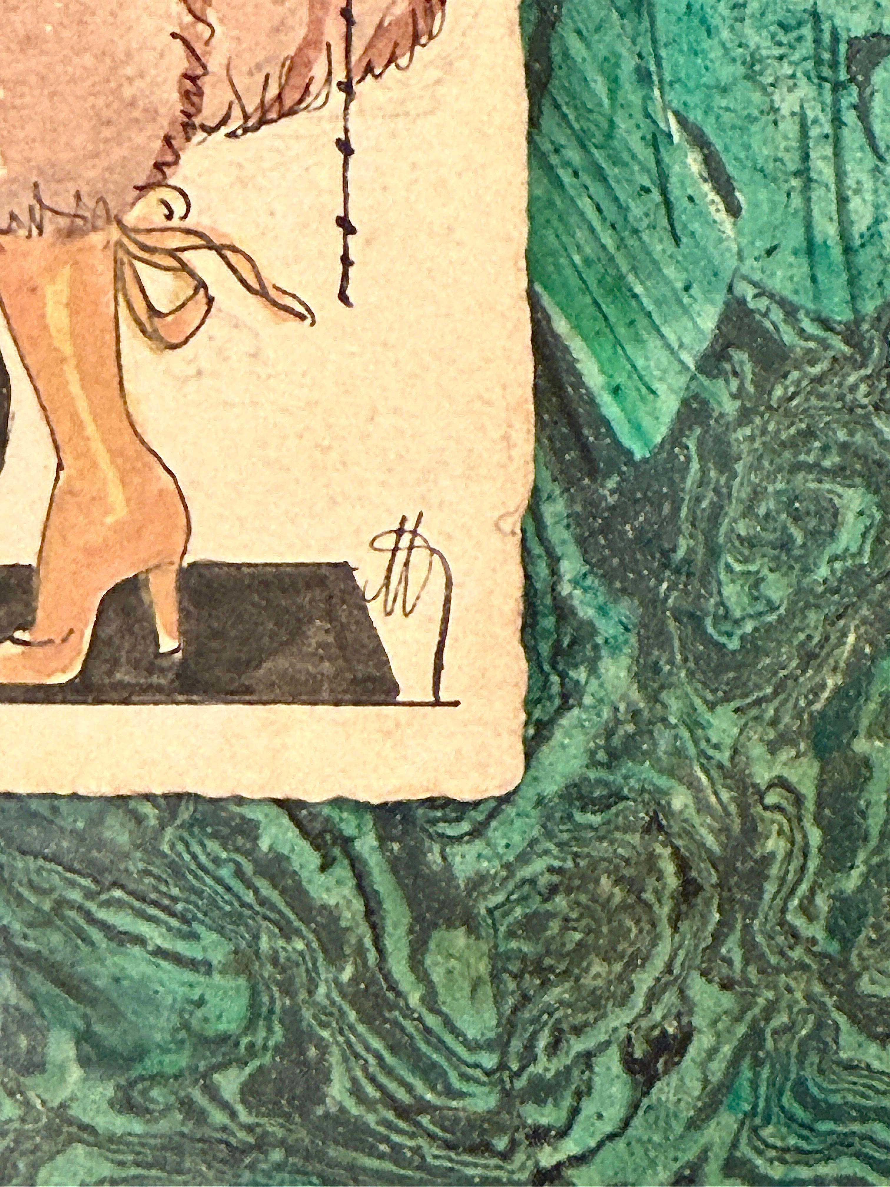 Dieses schöne Aquarell von Amor wurde Anfang des 20. Jahrhunderts auf dickem Aquarellpapier gemalt. Es zeigt eine elegante Dame in einem extravaganten gestreiften Mantel mit Pelzbesatz, die Amor mit auf dem Rücken gefesselten Händen an einer Leine