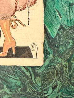 Antique Belle Époque Drawing Watercolour Psyche With Cupid On Leash Amor Tied