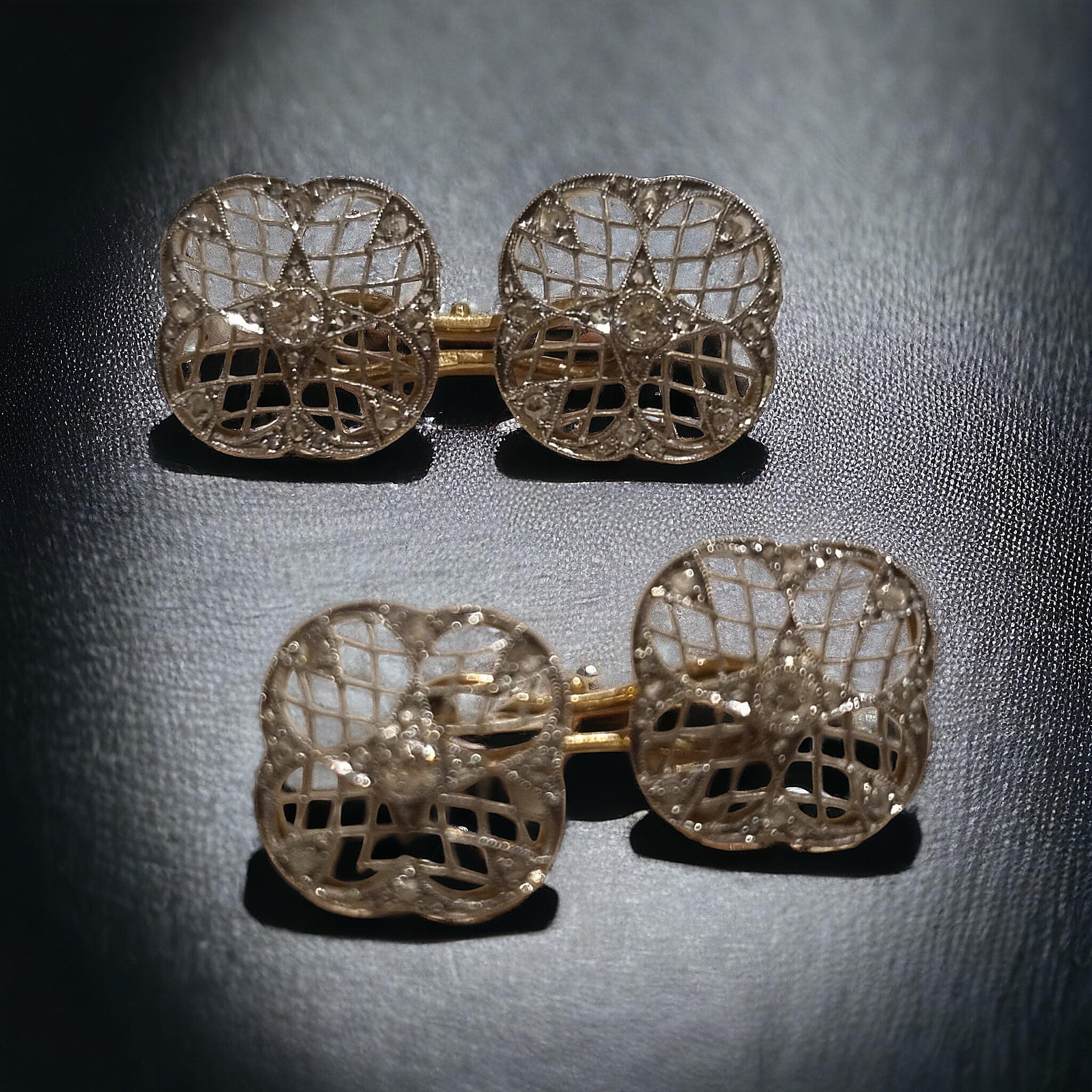 Paire de boutons de manchette anciens Belle Époque/Édouardienne à double diamant en platine et or en vente 5