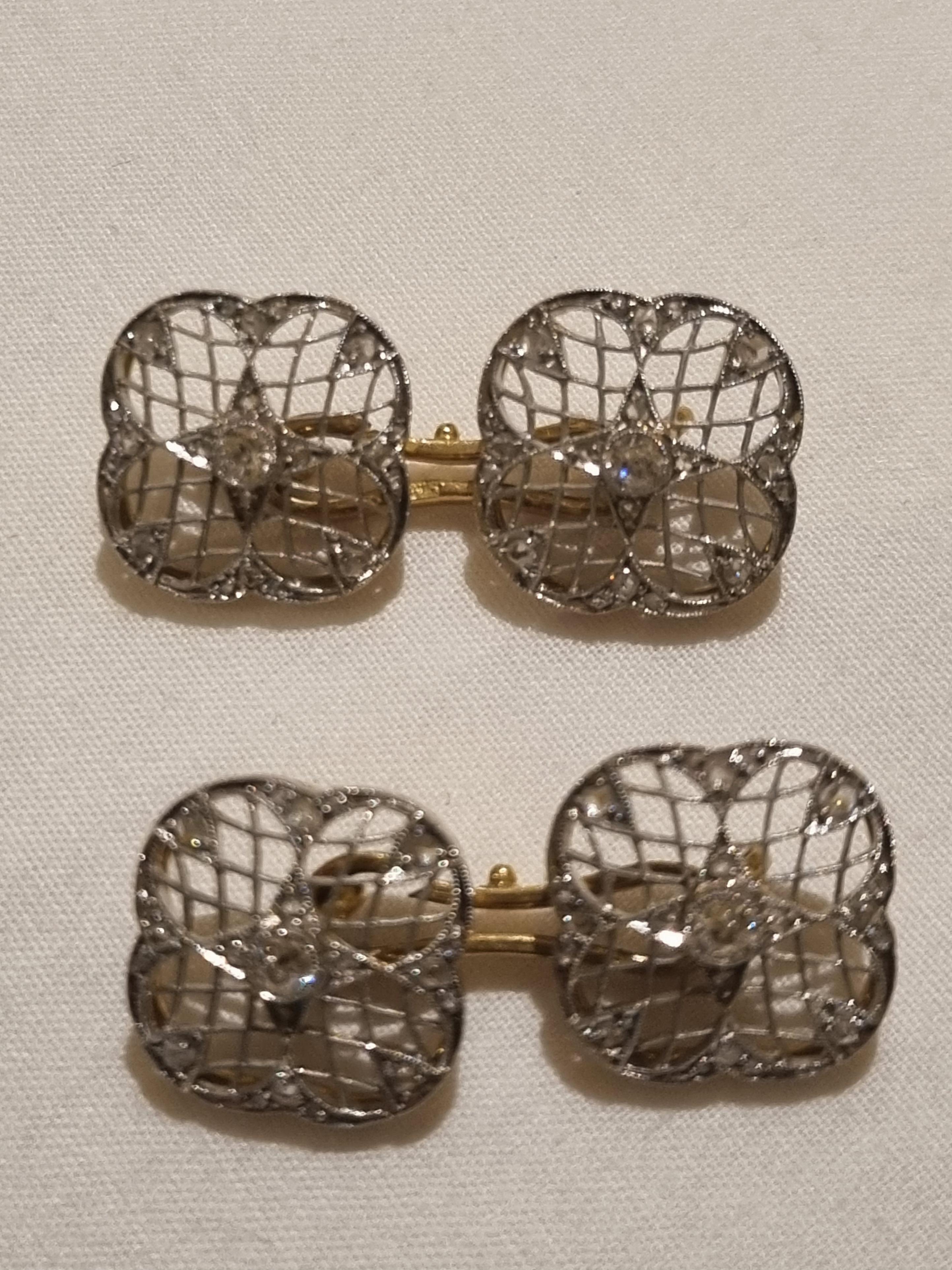 Paire de boutons de manchette anciens Belle Époque/Édouardienne à double diamant en platine et or en vente 7
