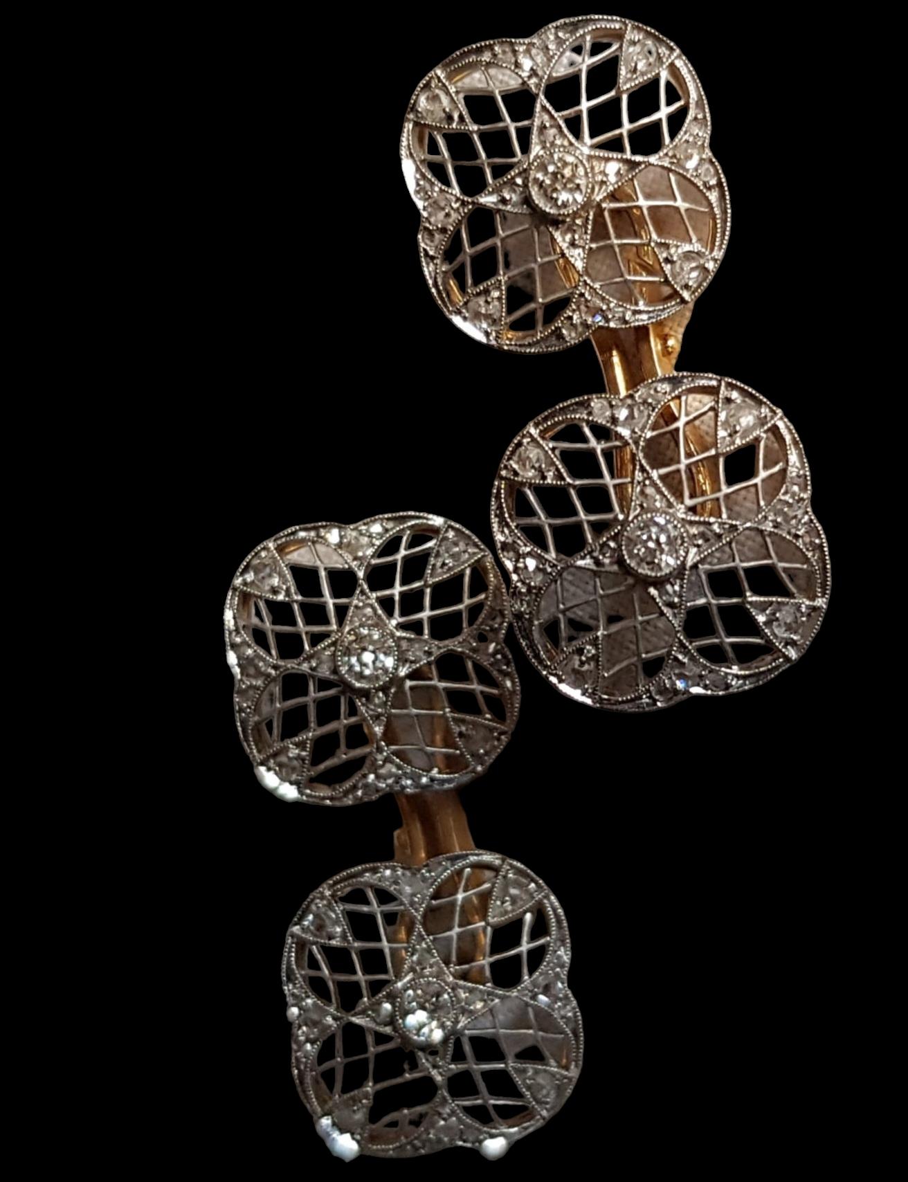 Belle Époque Antique Belle Epoque/Edwardian Pair Double Diamond Cufflinks in Platinum & Gold For Sale