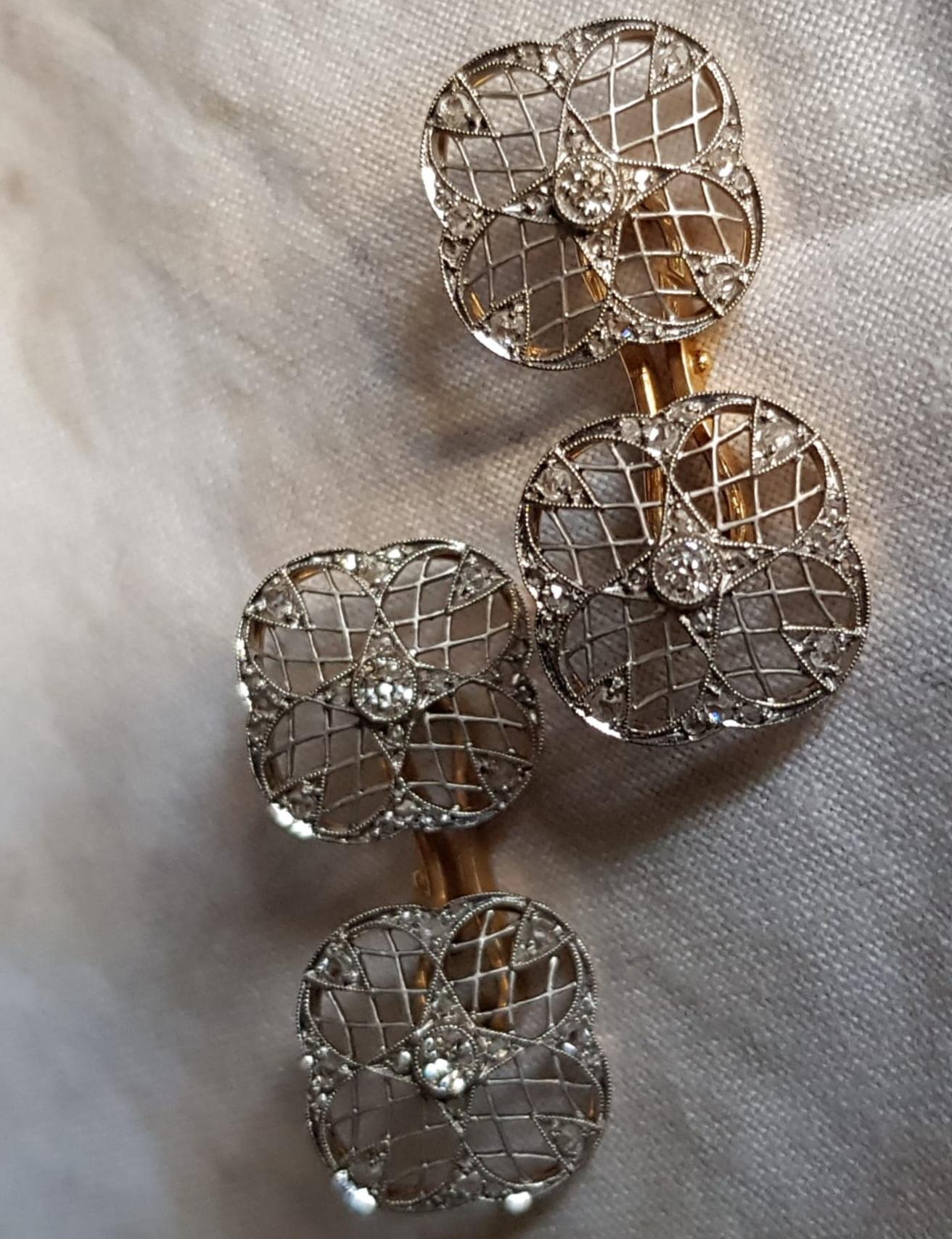 Paire de boutons de manchette anciens Belle Époque/Édouardienne à double diamant en platine et or en vente 3